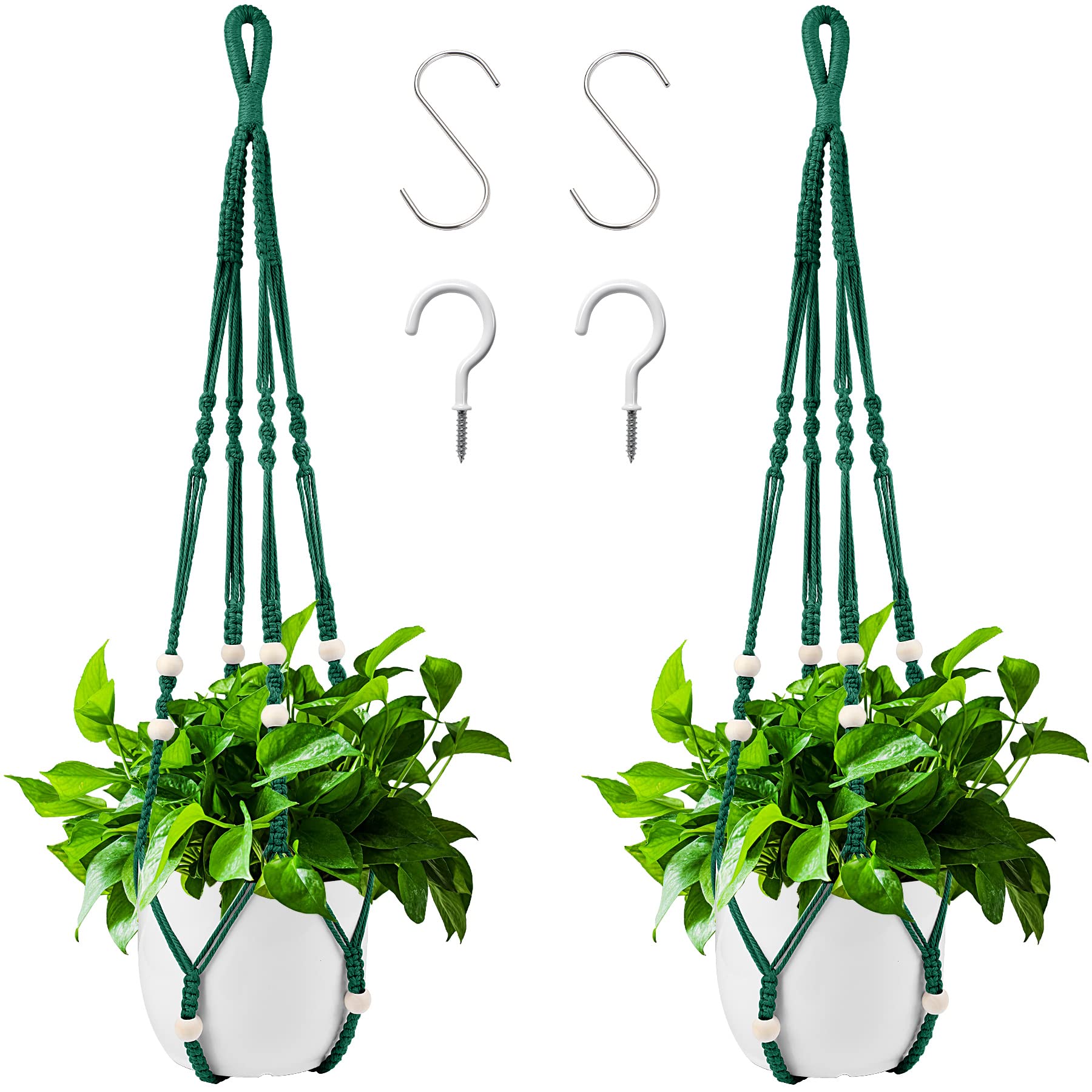 Augshy dark green macrame plant hanger set of 2, front view