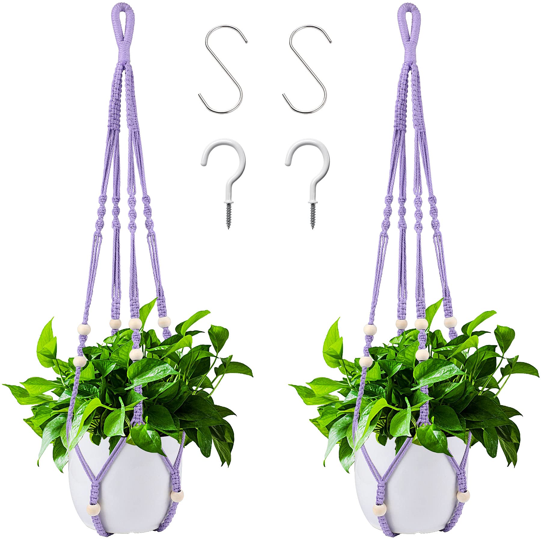 Augshy Macrame Hanging Planter set of 2, purple color with decorative wood beads