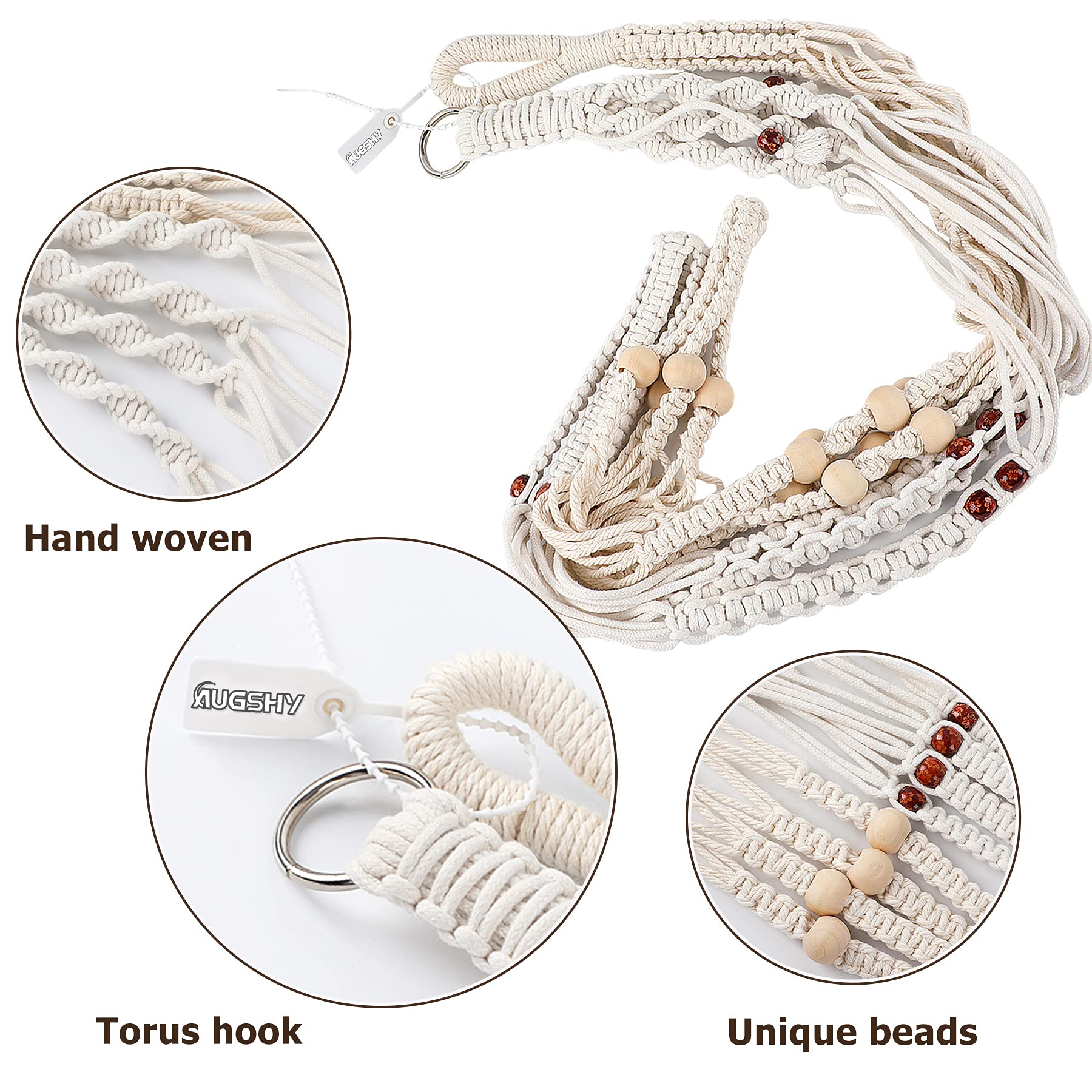 Augshy Macrame Plant Hanger hanging from a ceiling hook