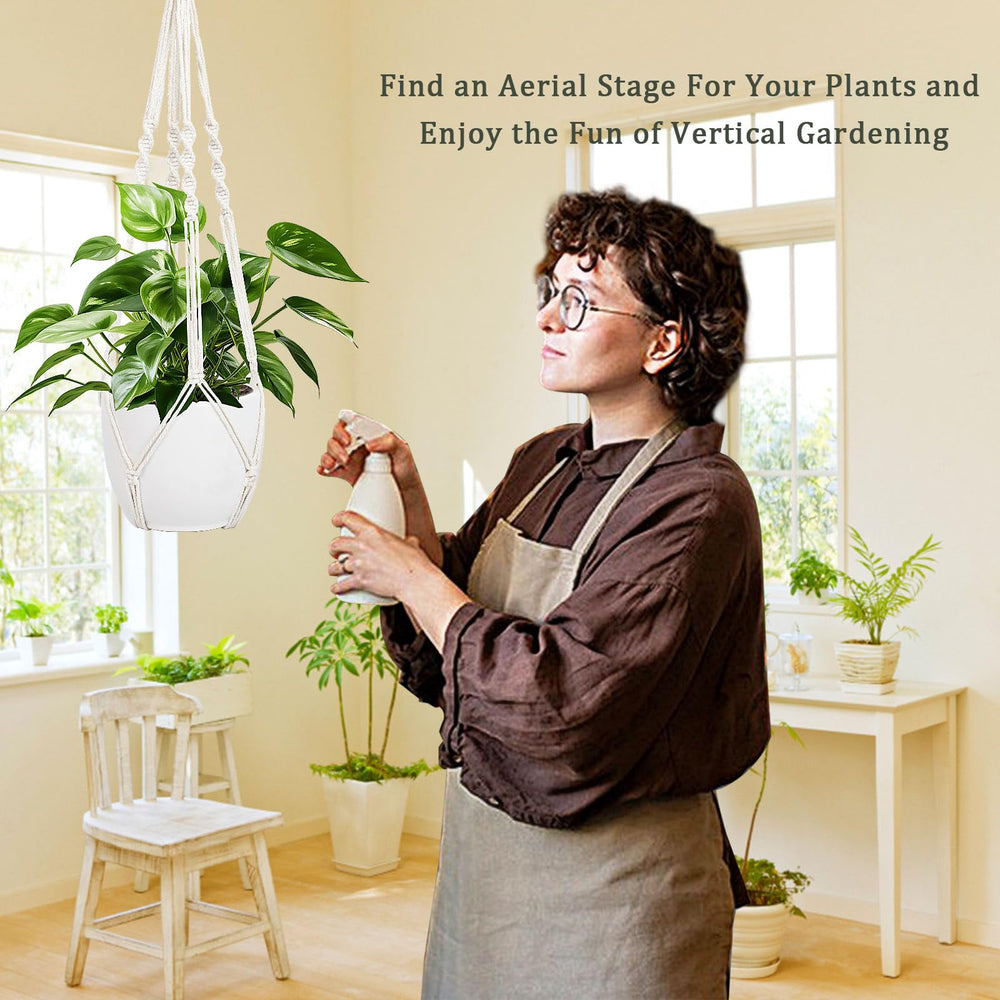 Augshy macrame plant hanger hanging from the ceiling
