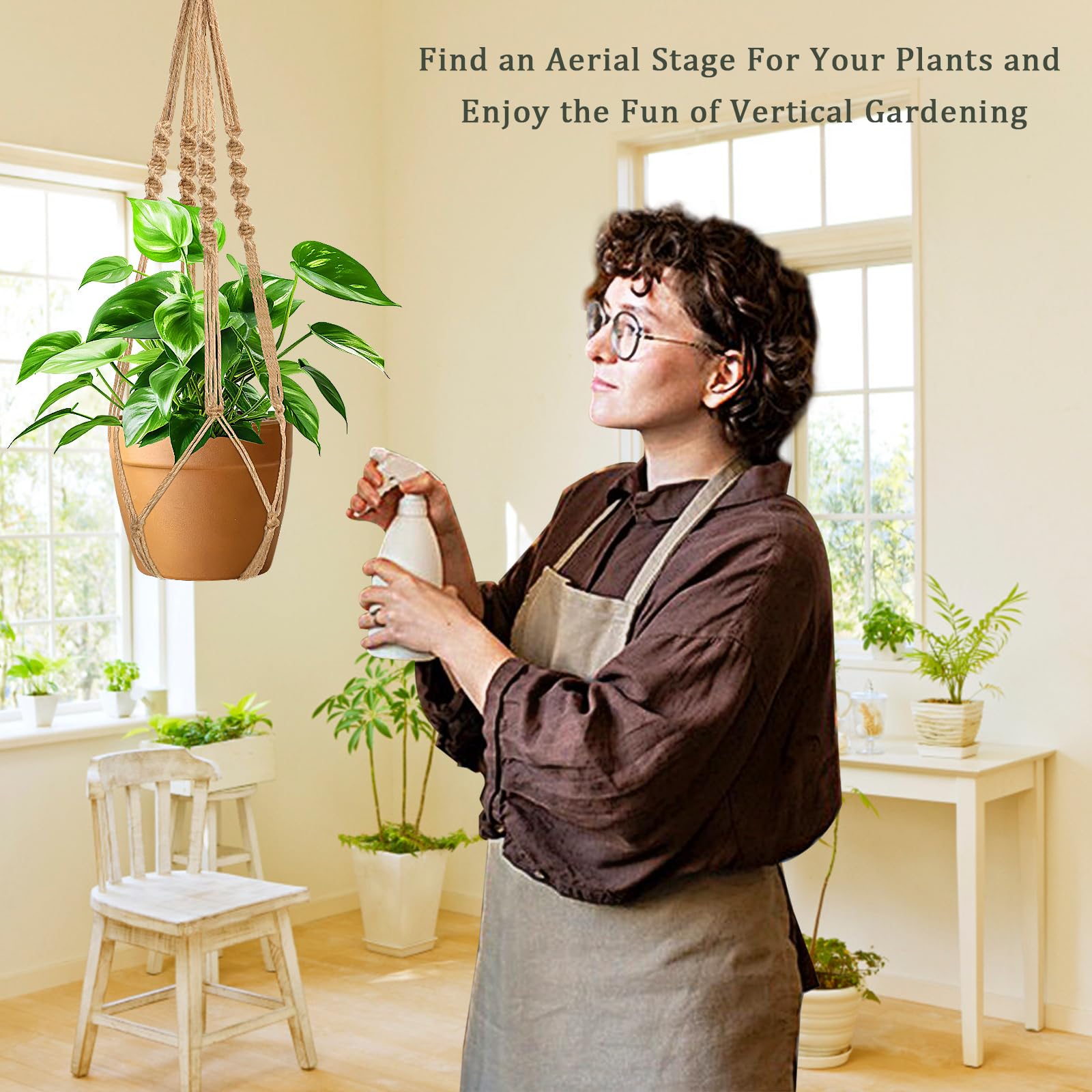 Augshy macrame plant hangers with plants indoors