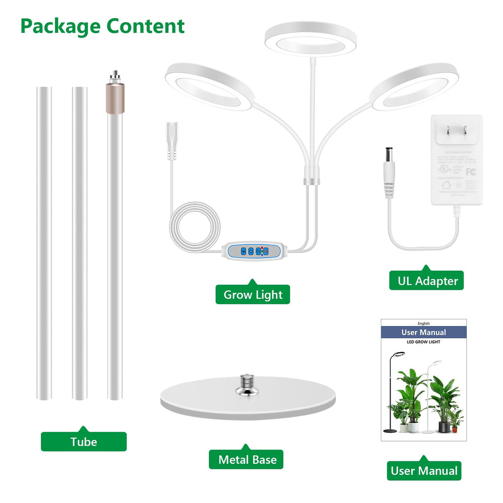 Aumtrly Grow Light package contents including rods and specifications