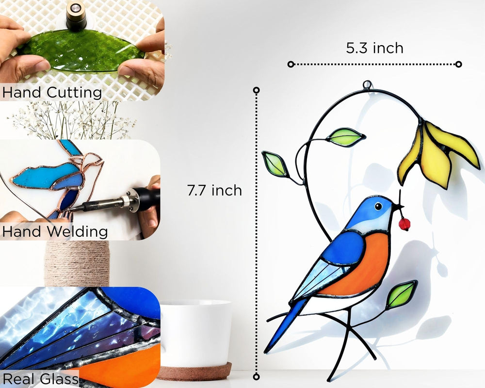 AuroAura Bluebird Stained Glass Suncatcher with suction cup and hook included
