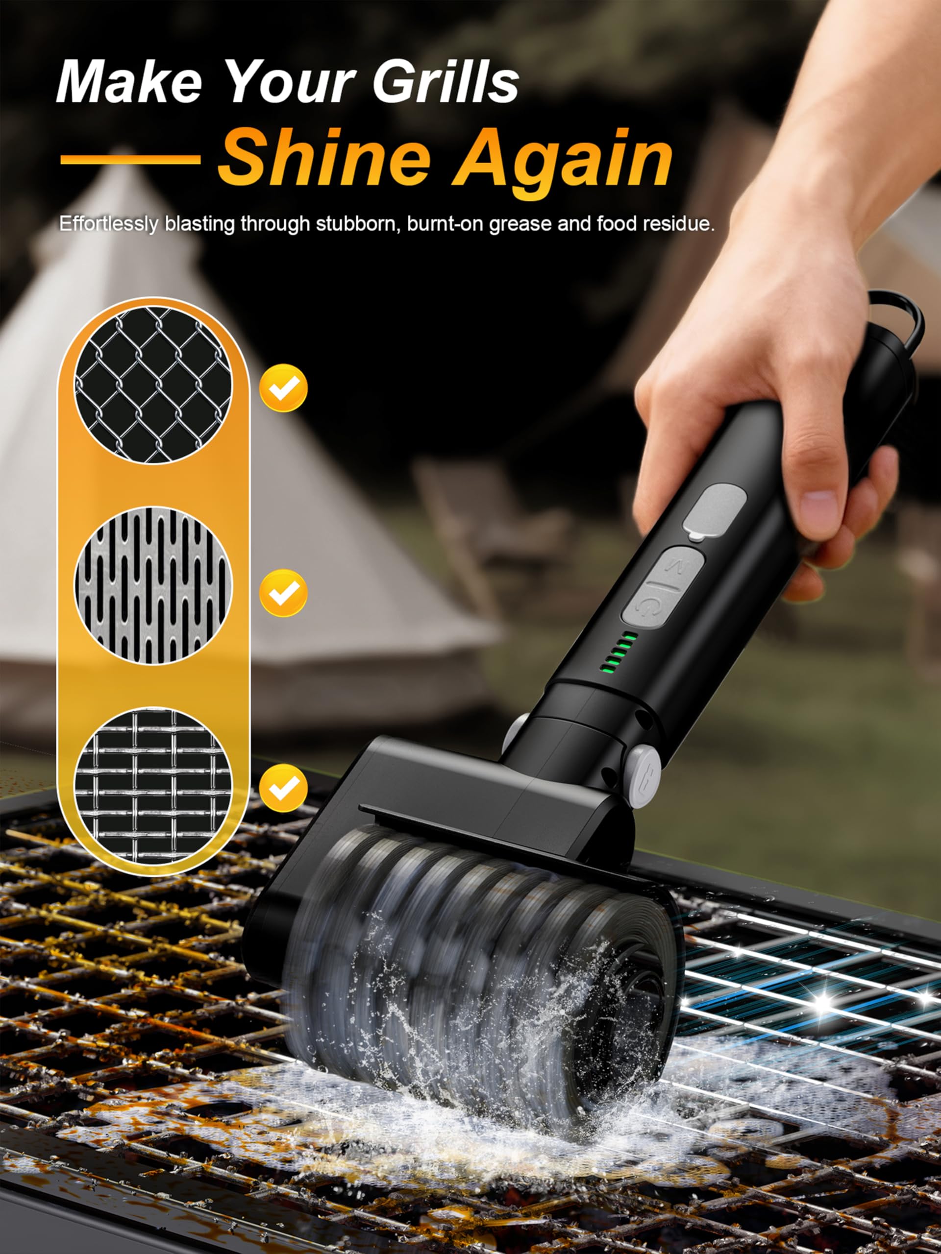 Aurviv Electric Grill Brush in use on a barbecue