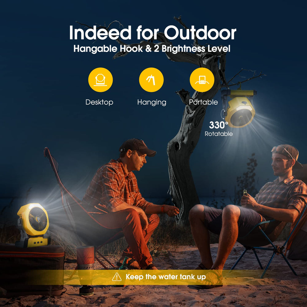 Ausic misting fan with LED lantern on, in use outdoors