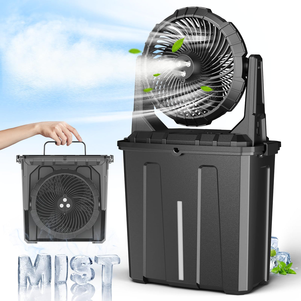 Ausic Portable Misting Fan front view with 9L bucket