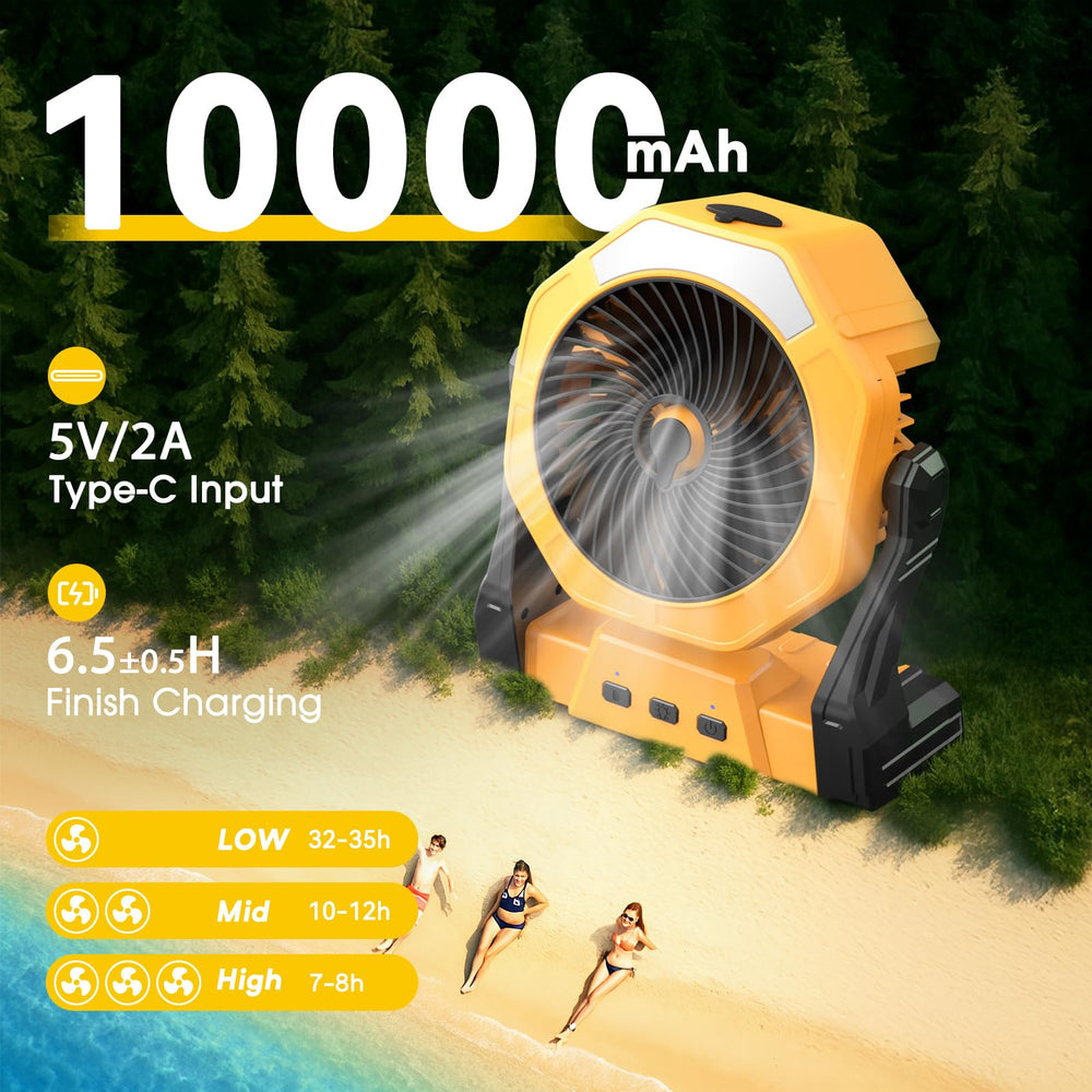 Ausic Portable Misting Fan hanging from a tent