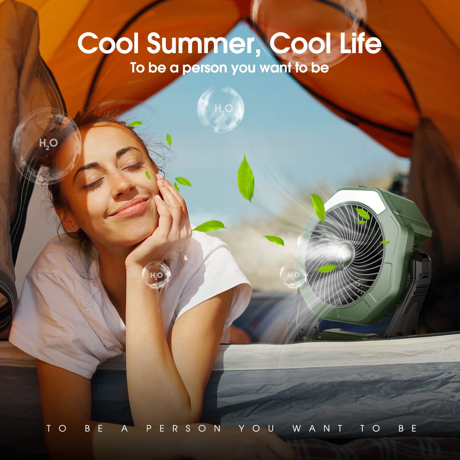 Ausic Portable Misting Fan hanging on a tree