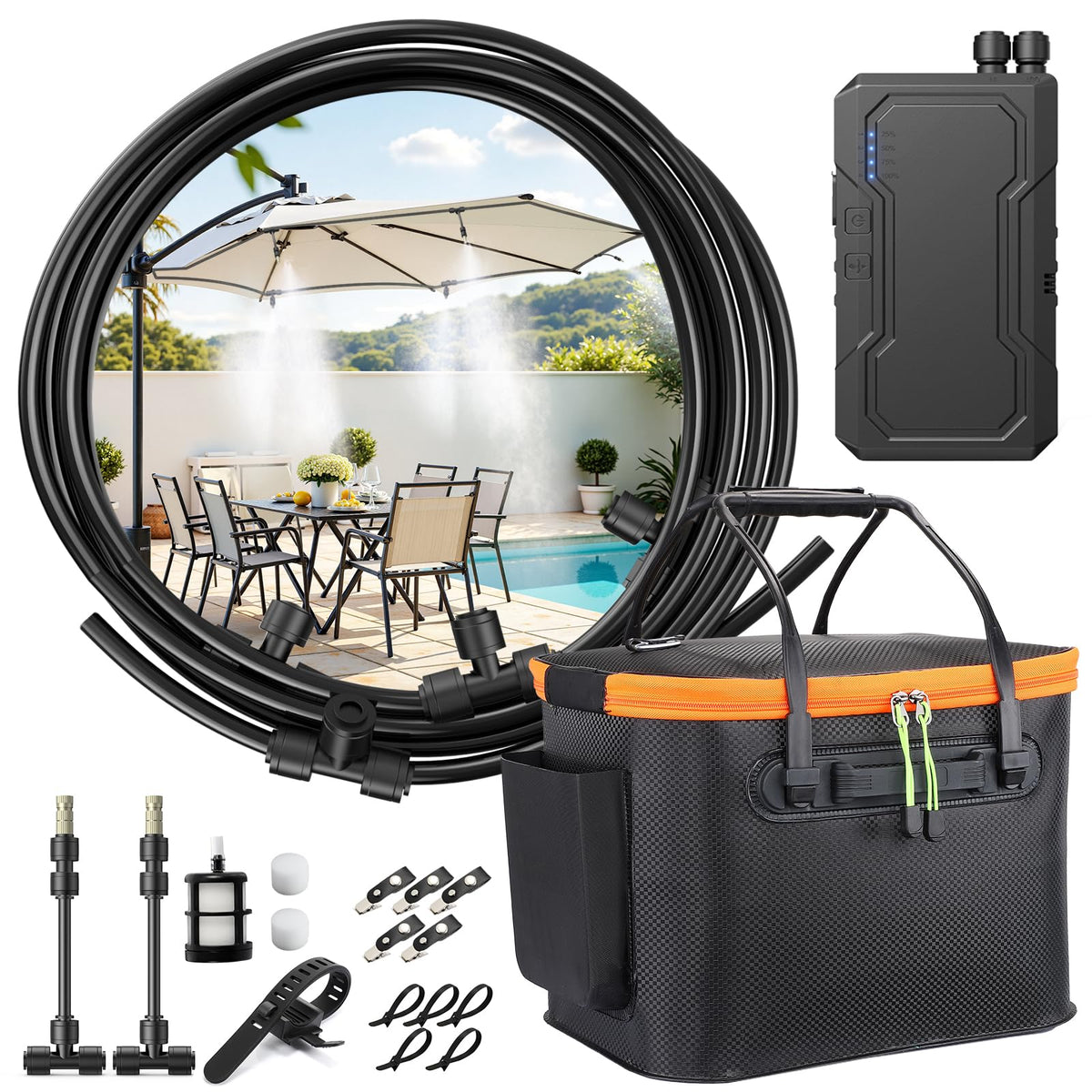 Ausic portable misting system front view with 20L bucket