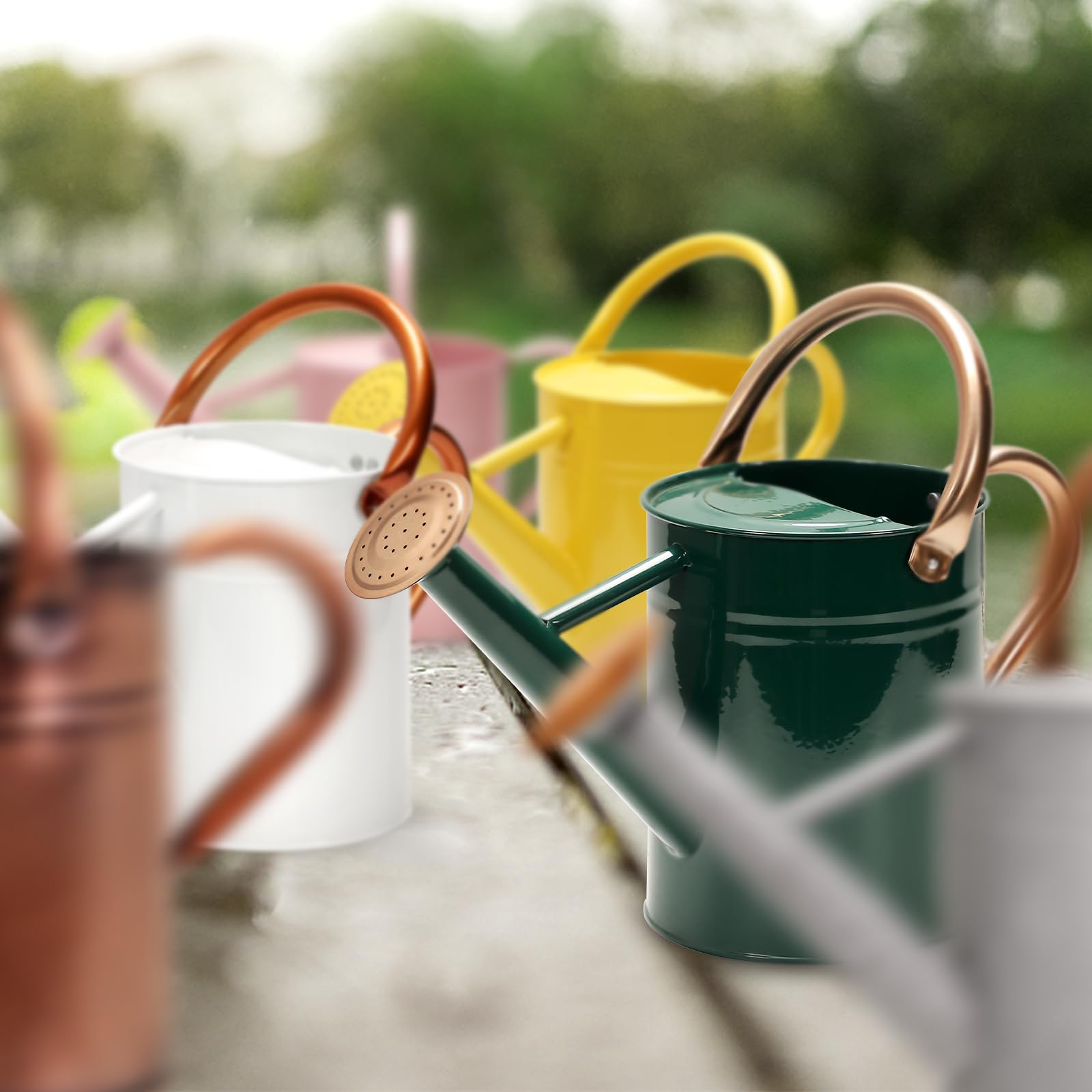 Ausluru Metal Watering Can with plants on patio