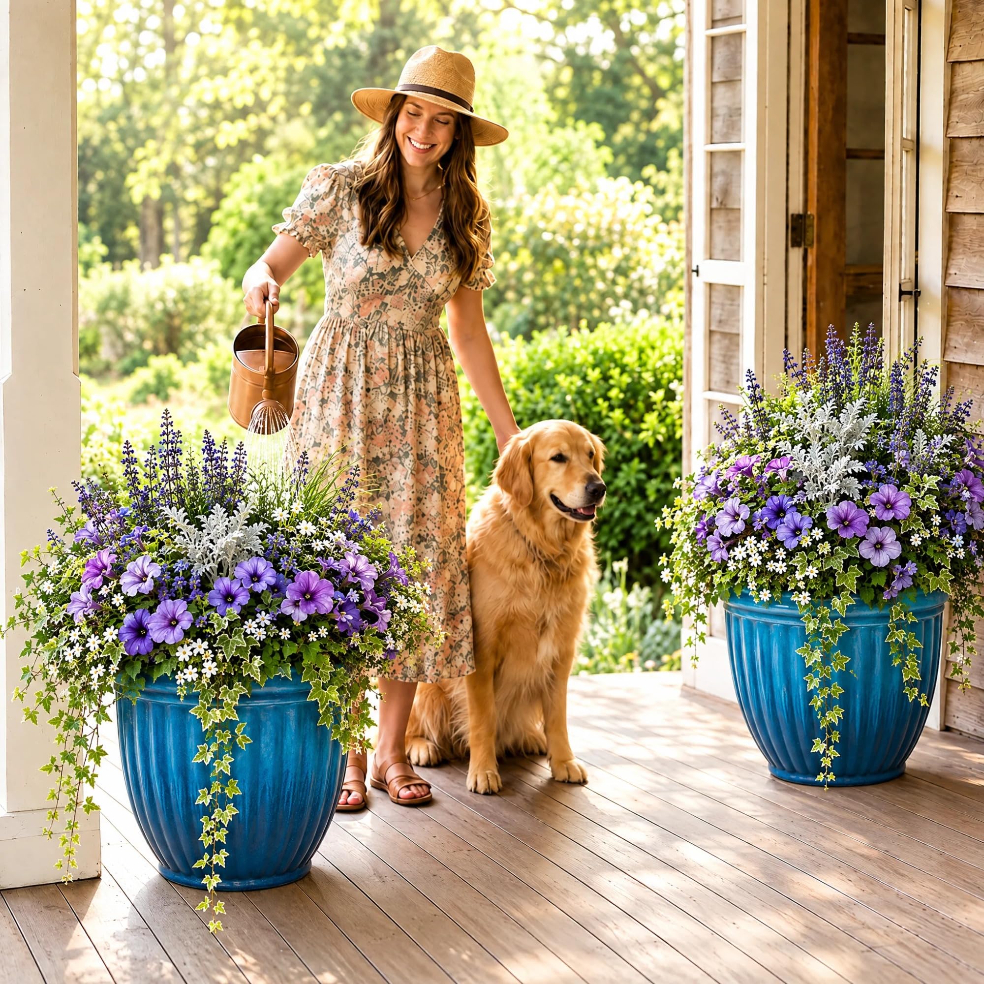 AUTO DAYA 15" Planters in gradient cobalt blue on a garden table