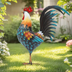 Autodaya 32" blue metal rooster garden statue front view