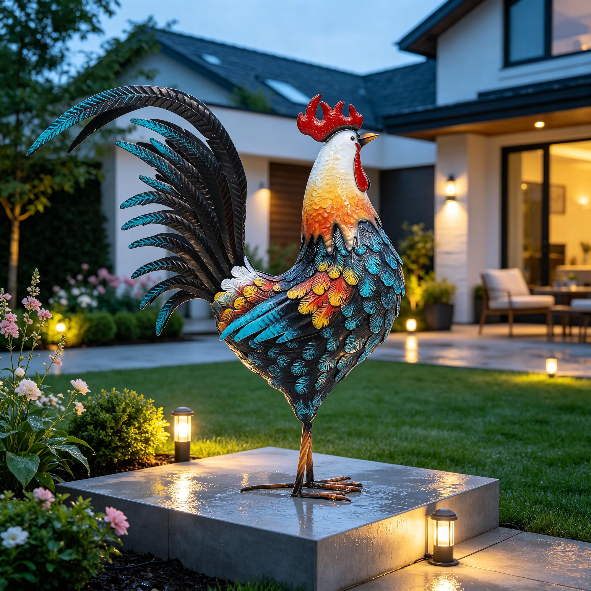 Autodaya 32" rooster statue displayed on a patio