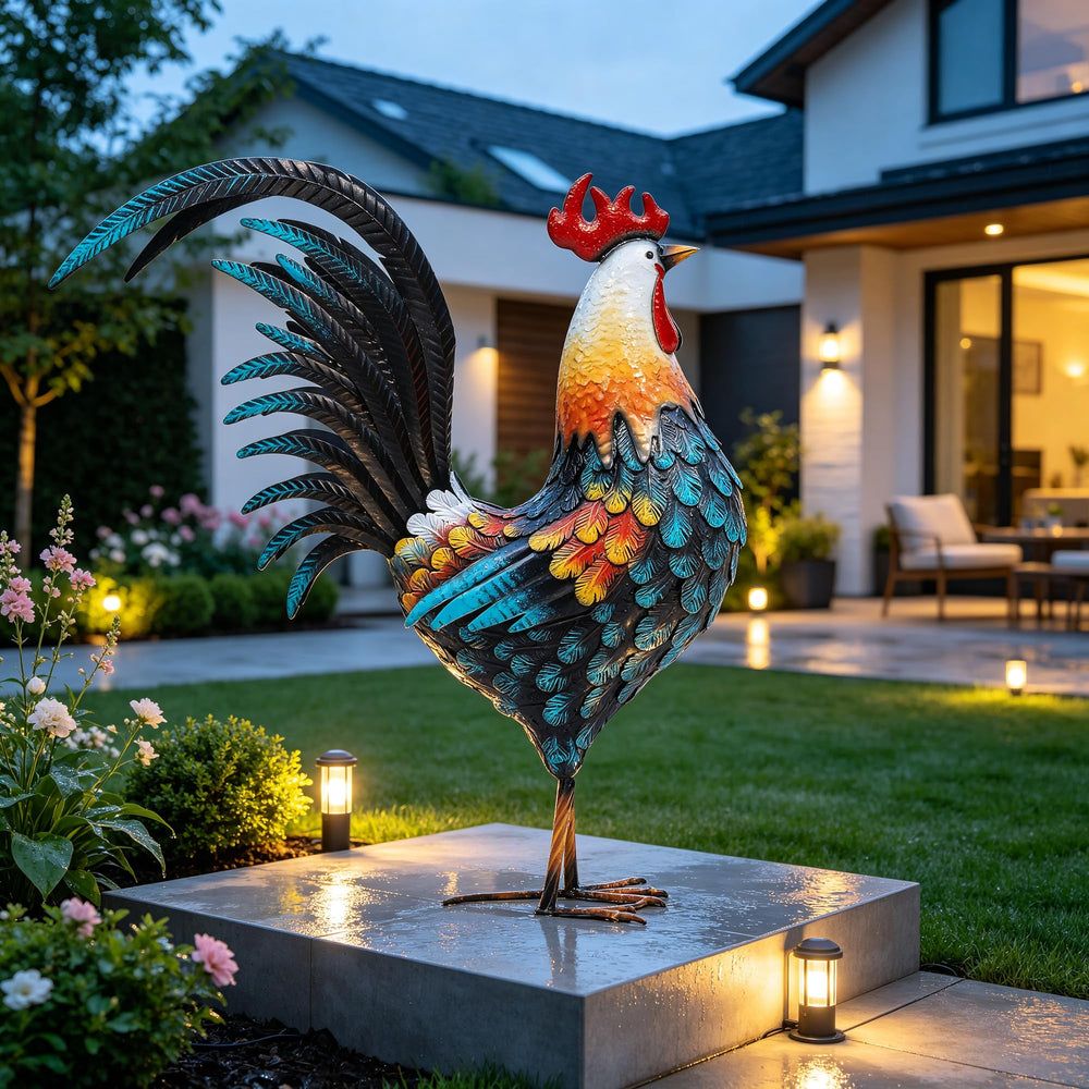 Autodaya 32" rooster statue displayed on a patio