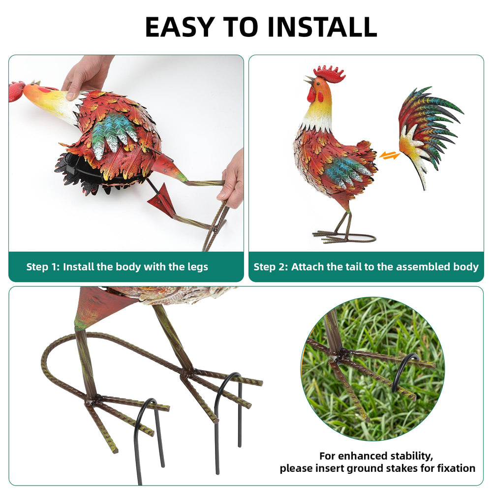 Autodaya Metal Rooster statue in a garden setting