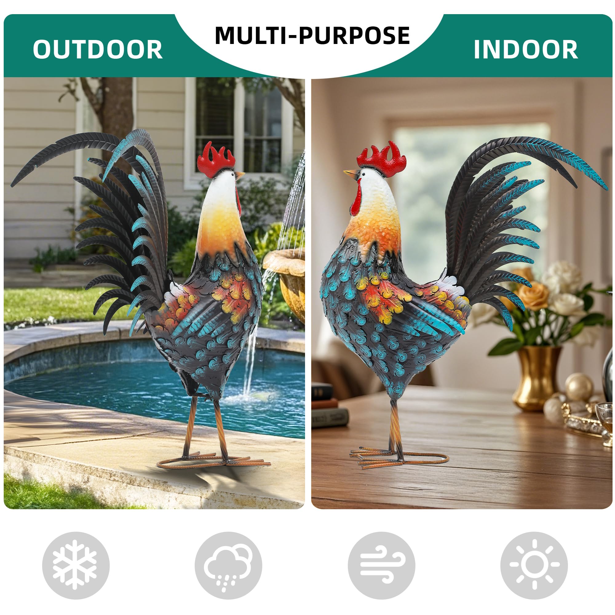 Autodaya rooster statue in colorful garden landscape