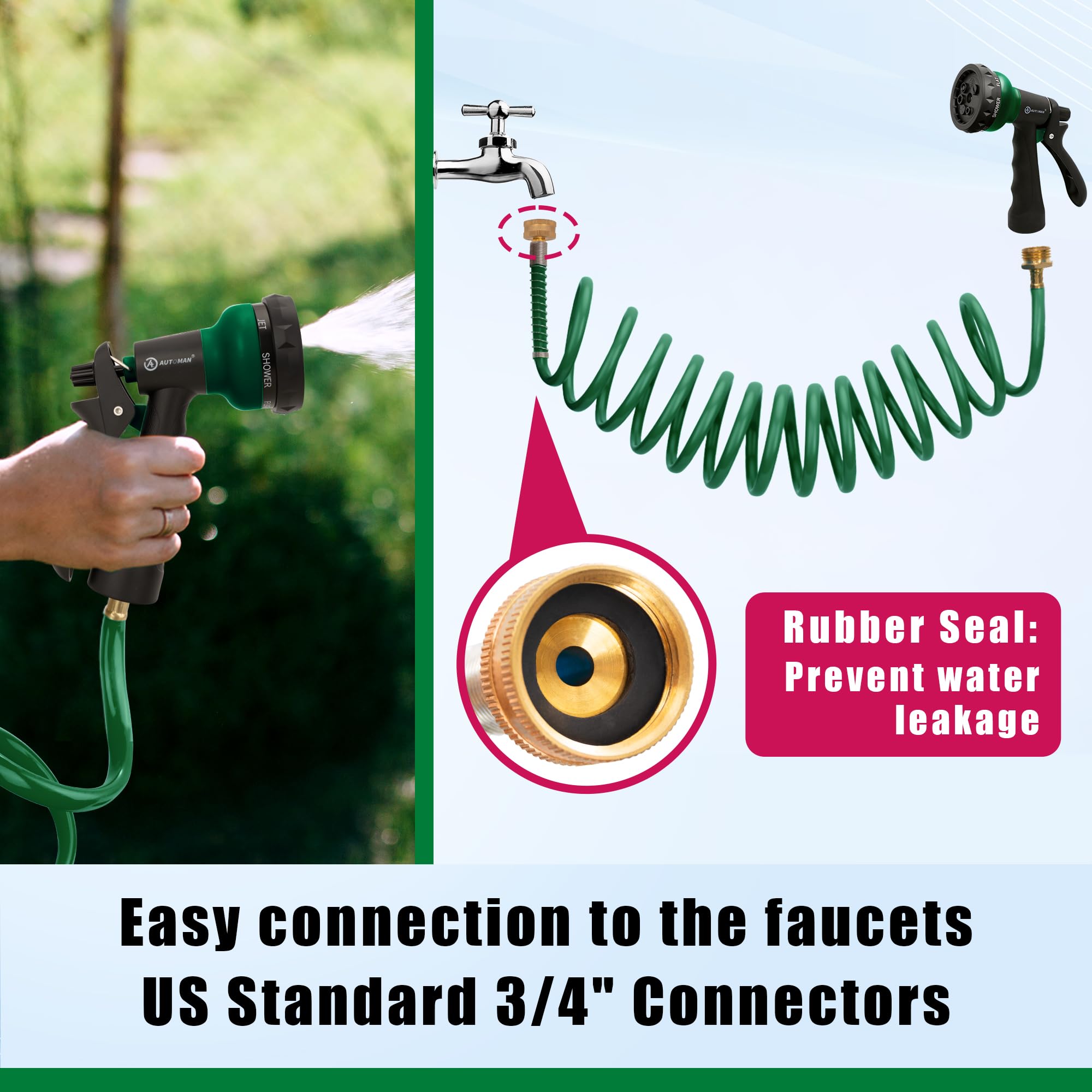 AUTOMAN 15 ft garden hose with 7-pattern nozzle attached