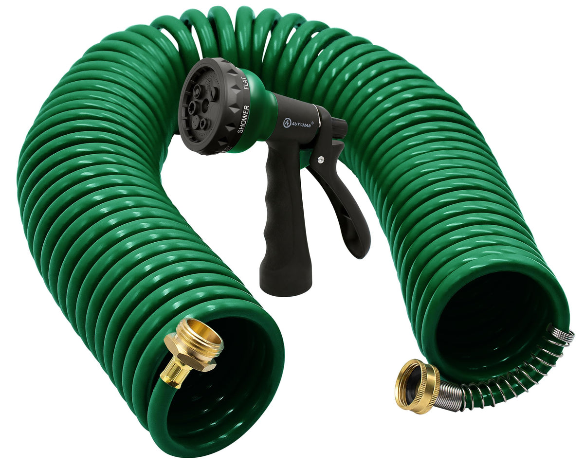 AUTOMAN 50 ft coil garden hose dark green with brass connectors