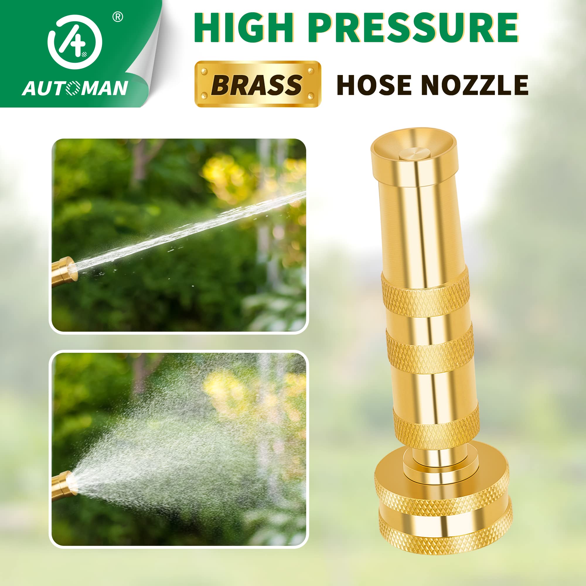 AUTOMAN Brass Hose Nozzle displayed with garden hose