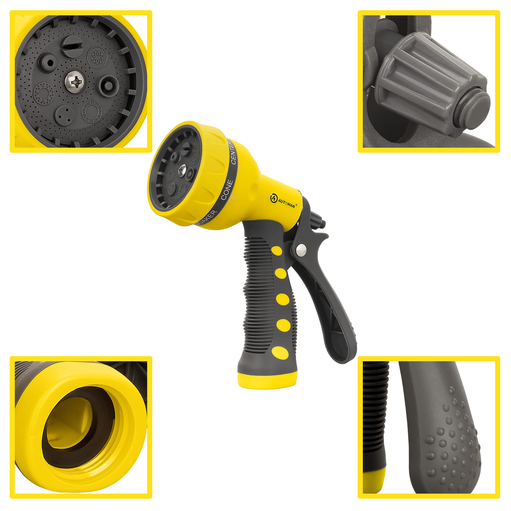 AUTOMAN Garden Hose Nozzle attached to a standard garden hose