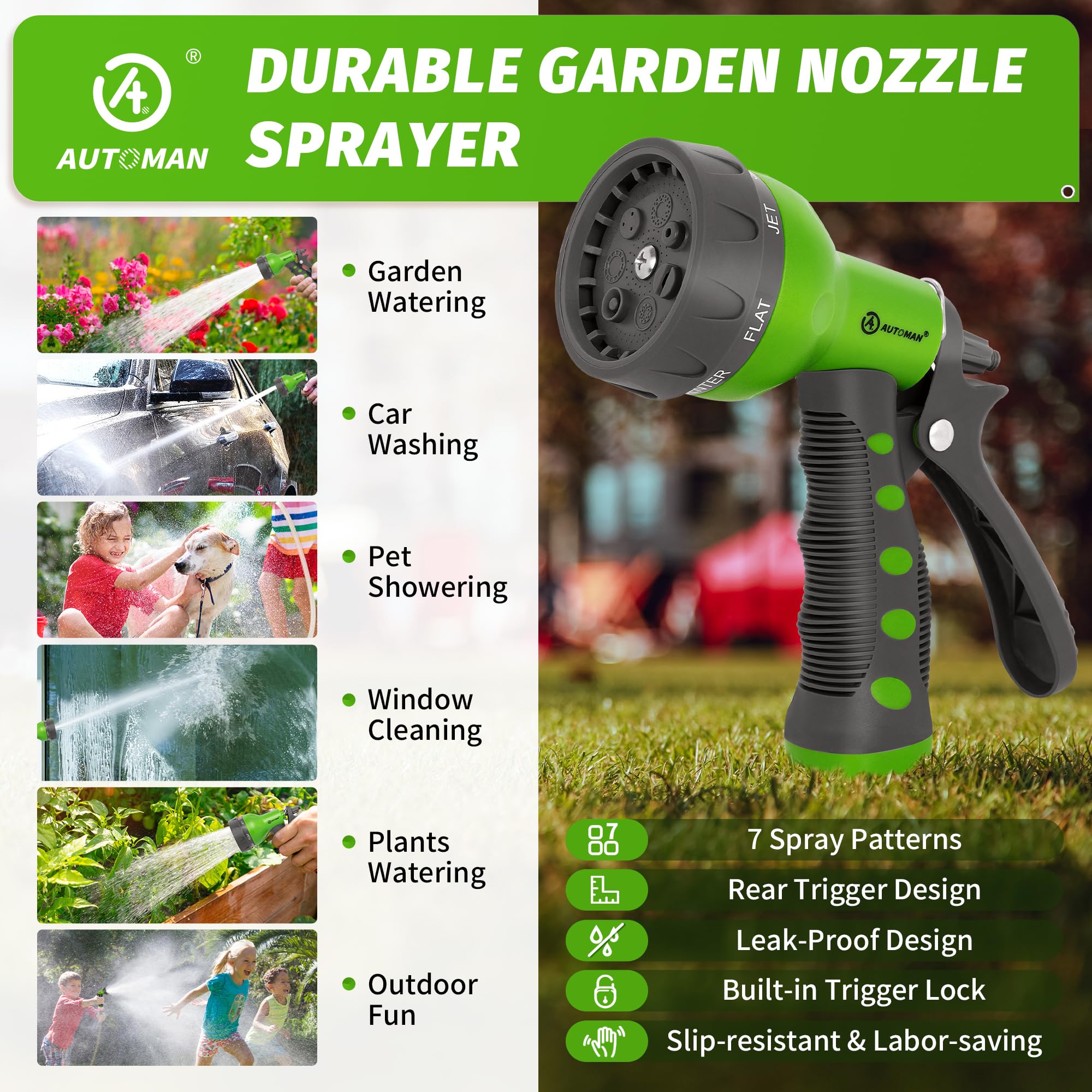 AUTOMAN Garden Hose Nozzle attached to standard garden hose