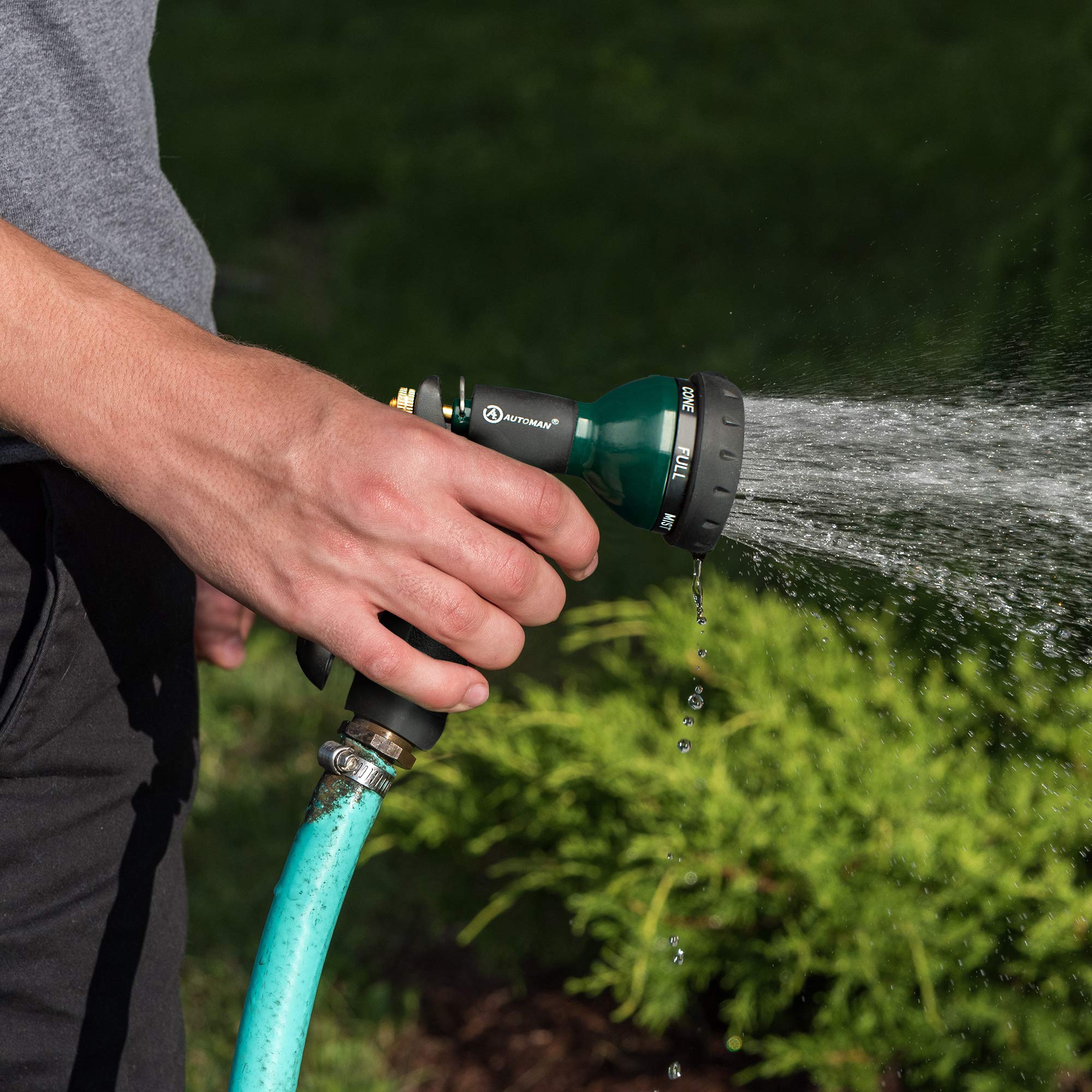 AUTOMAN Garden Hose Nozzle close-up on metal construction