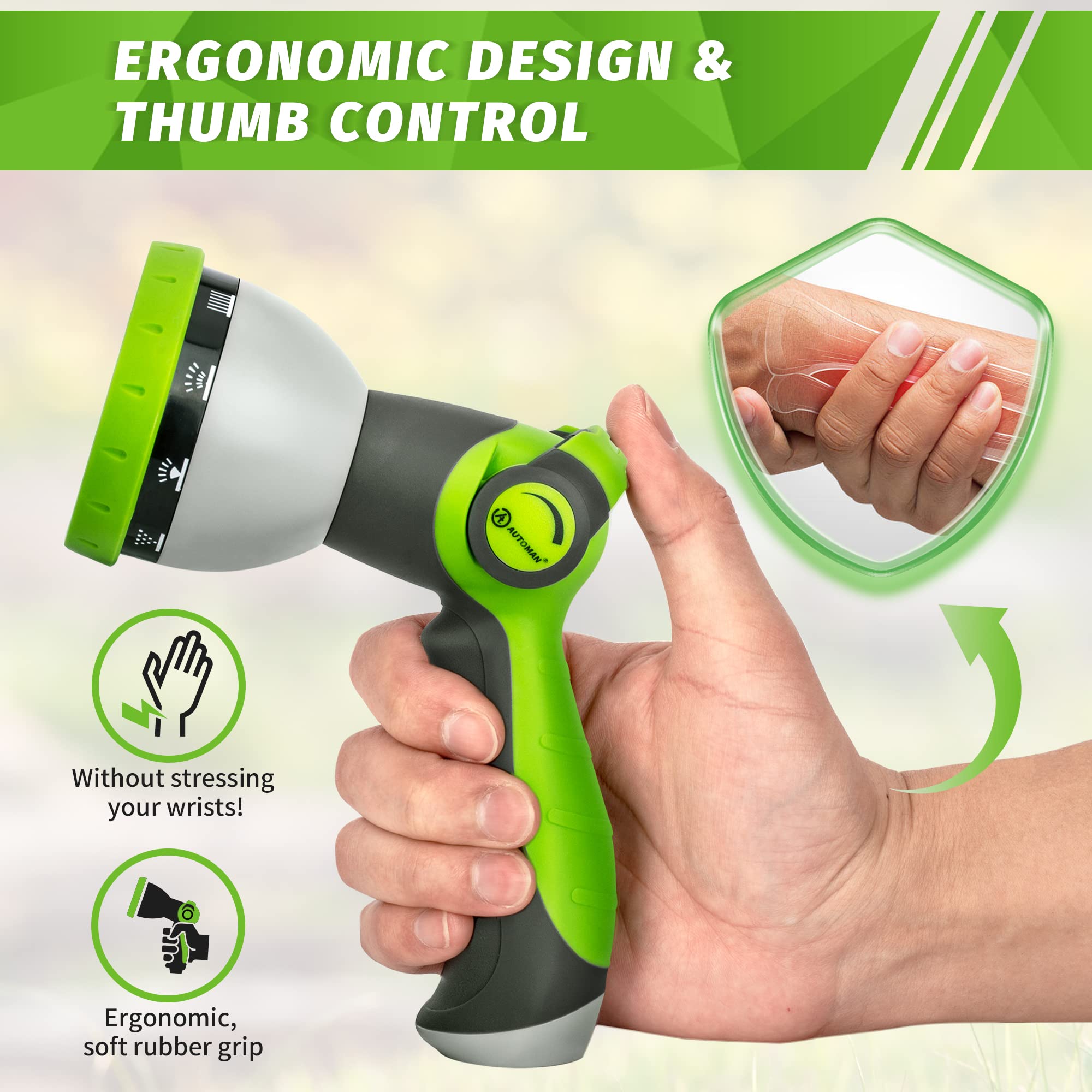 AUTOMAN garden hose nozzle demonstrating high-pressure jet setting