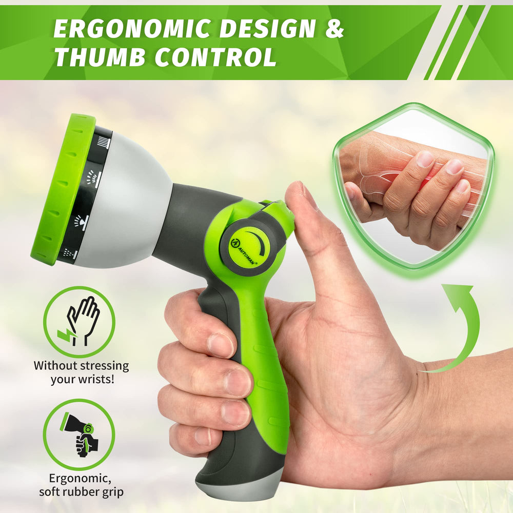 AUTOMAN garden hose nozzle demonstrating high-pressure jet setting