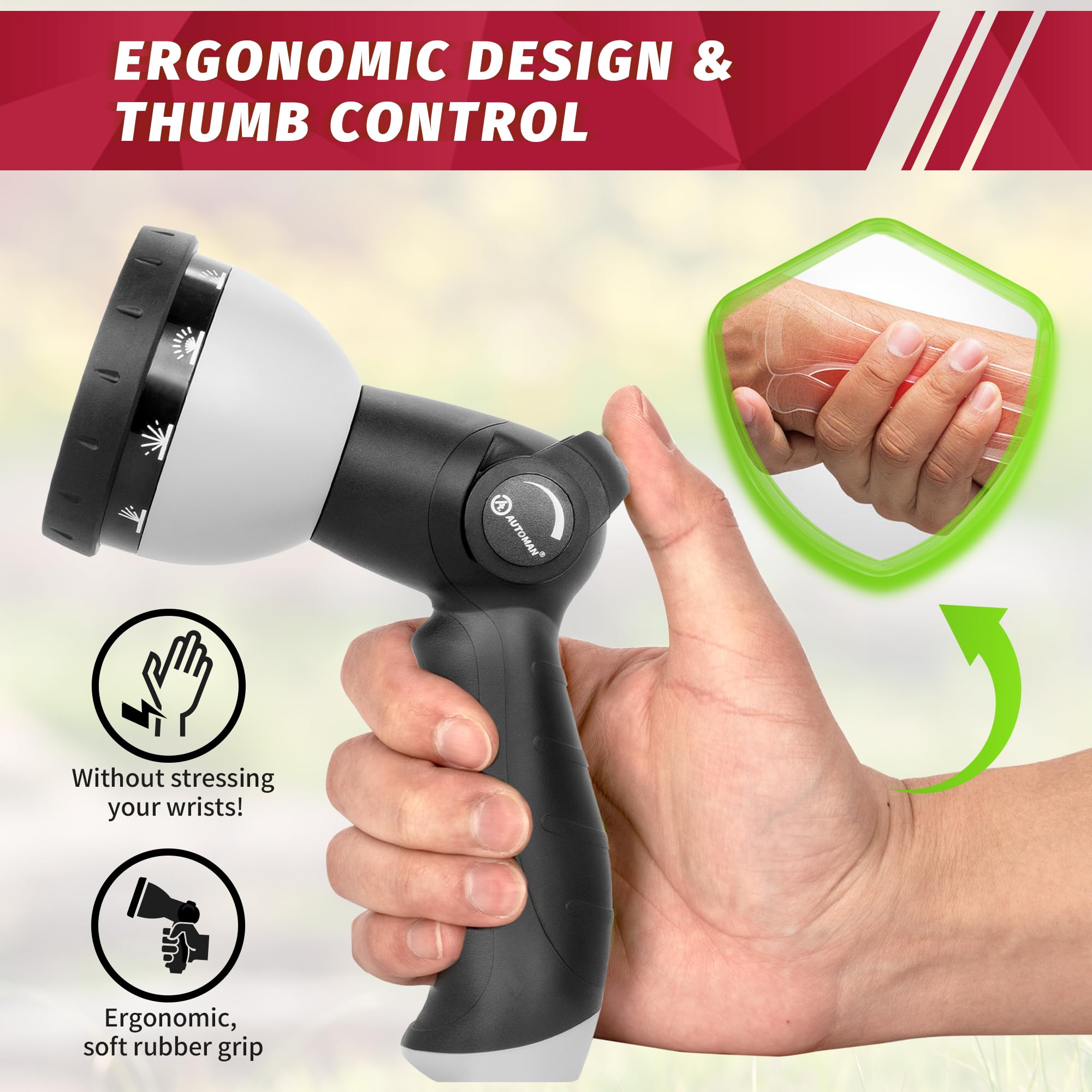 AUTOMAN garden hose nozzle displaying ergonomic design