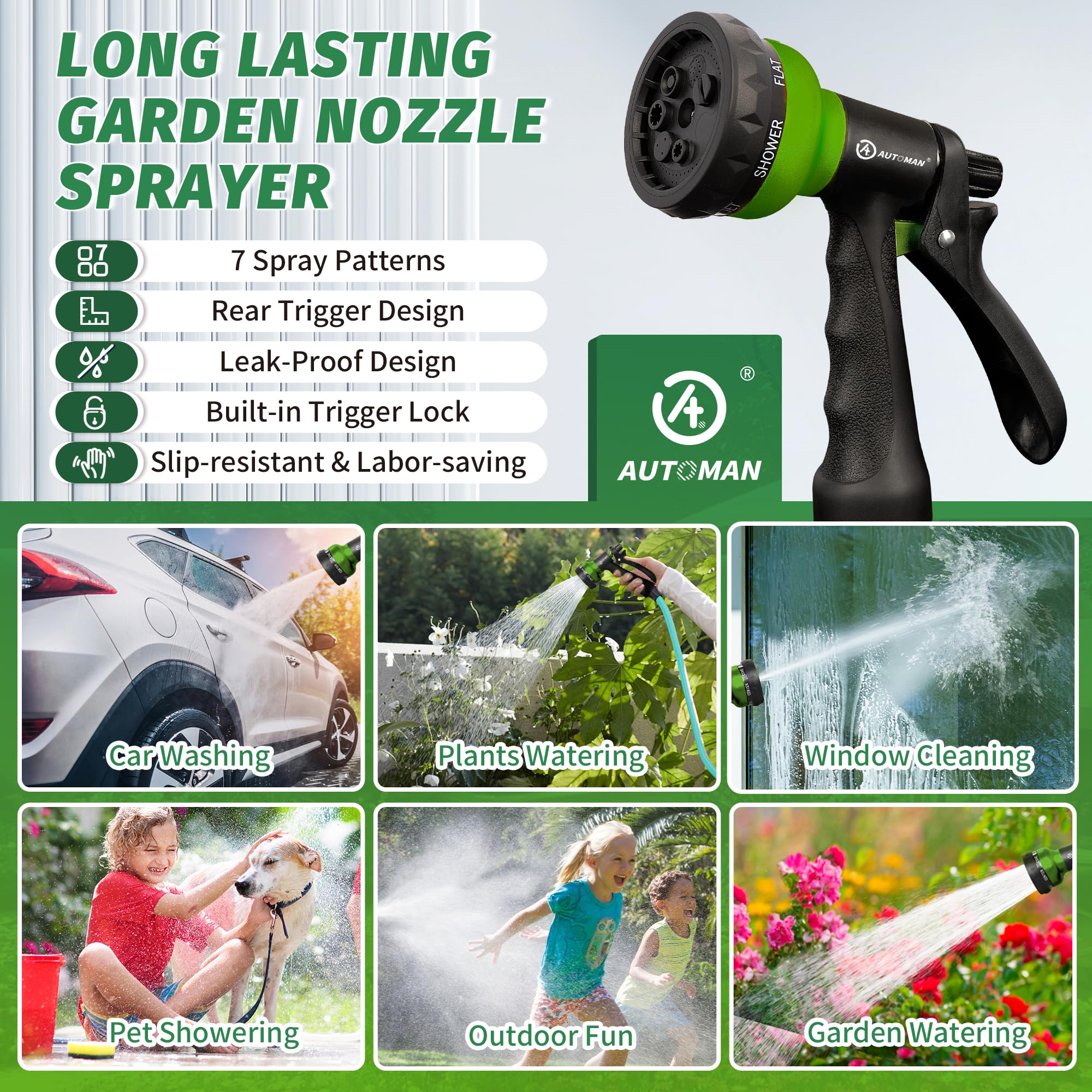 AUTOMAN Garden Hose Nozzle features display with patterns