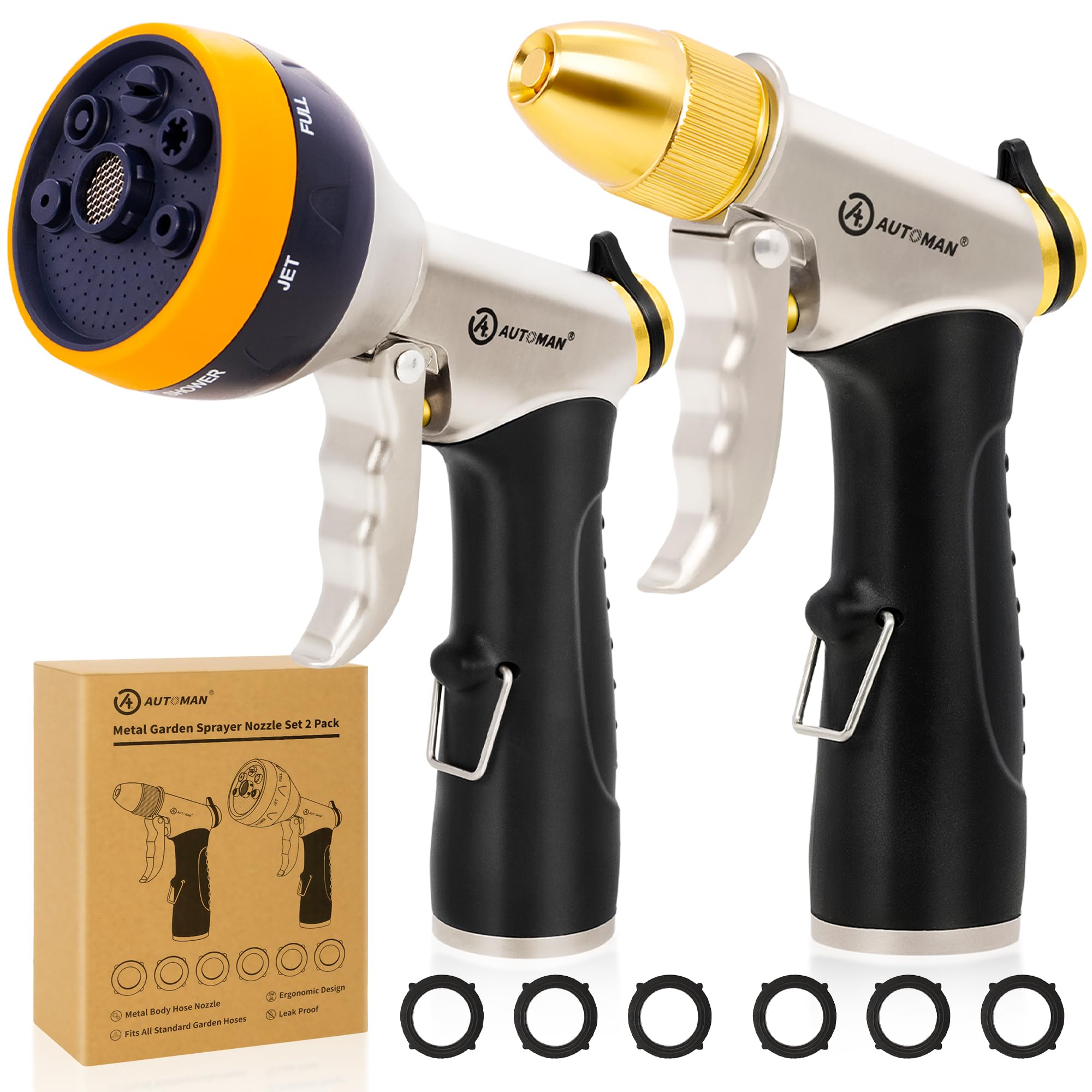 AUTOMAN garden hose nozzle front view, metal construction