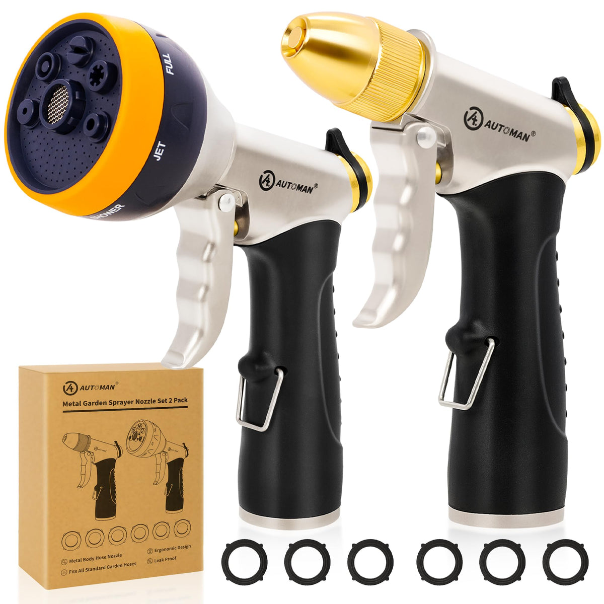 AUTOMAN garden hose nozzle front view, metal construction