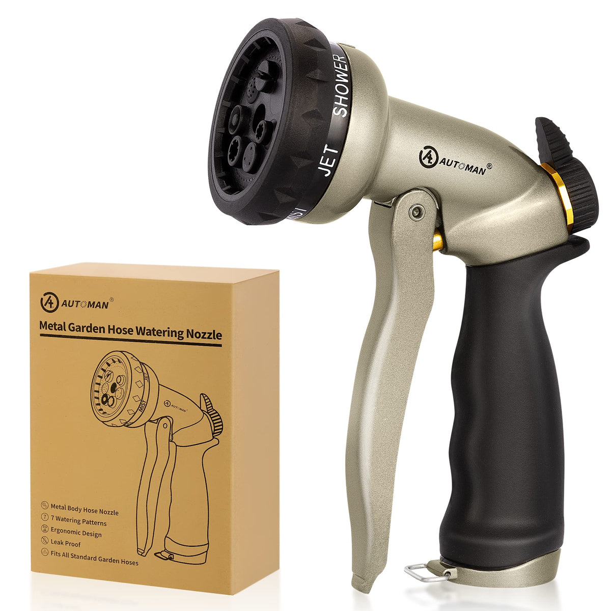 AUTOMAN Garden Hose Nozzle front view with 7 spray patterns