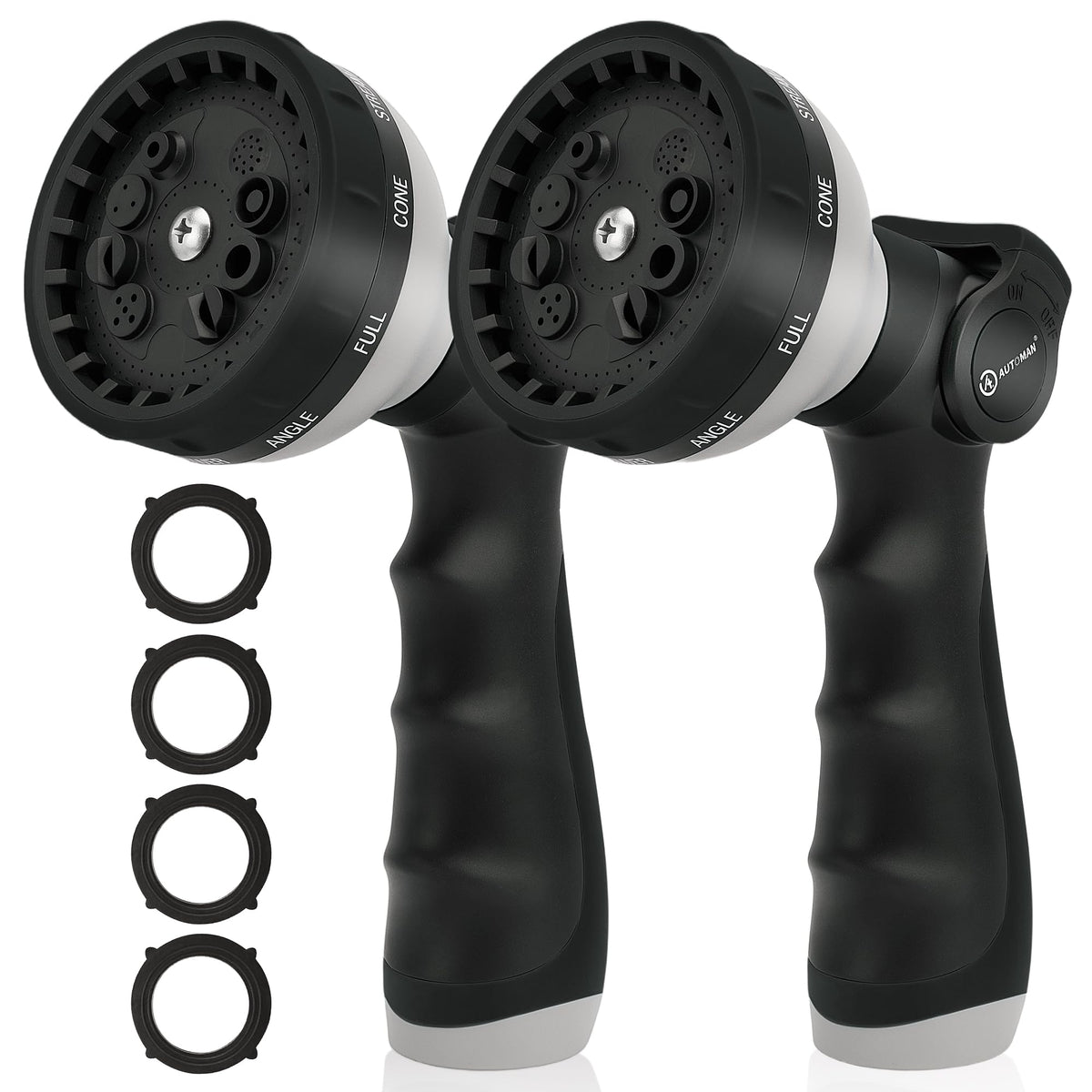 AUTOMAN Garden Hose Nozzle front view with adjustable spray patterns