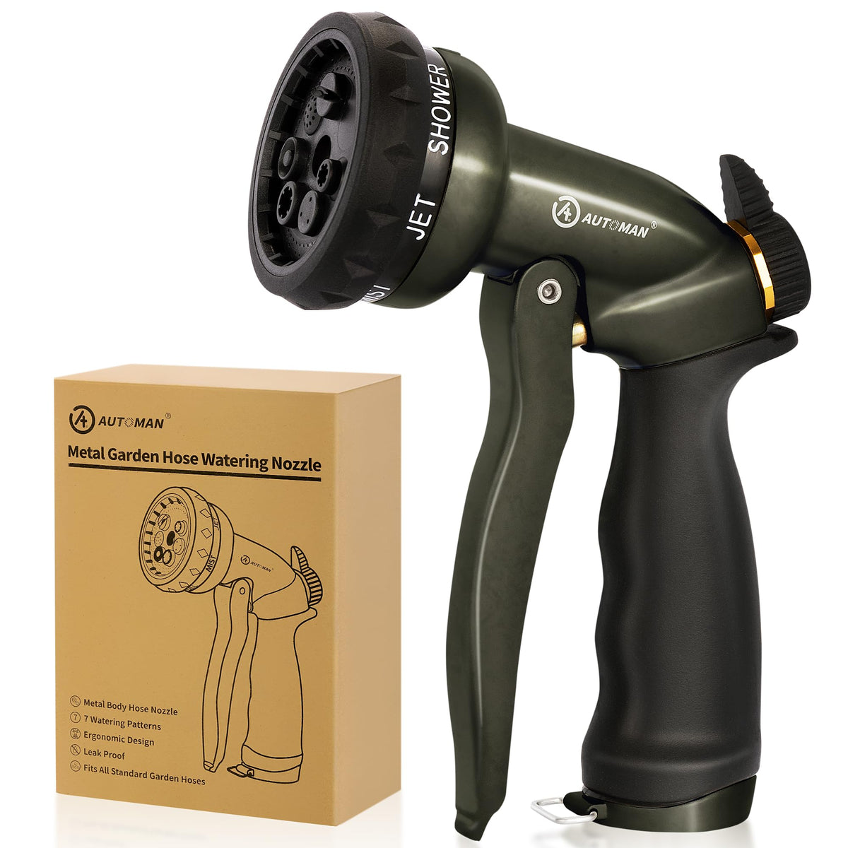 AUTOMAN Garden Hose Nozzle front view with metallic olive finish