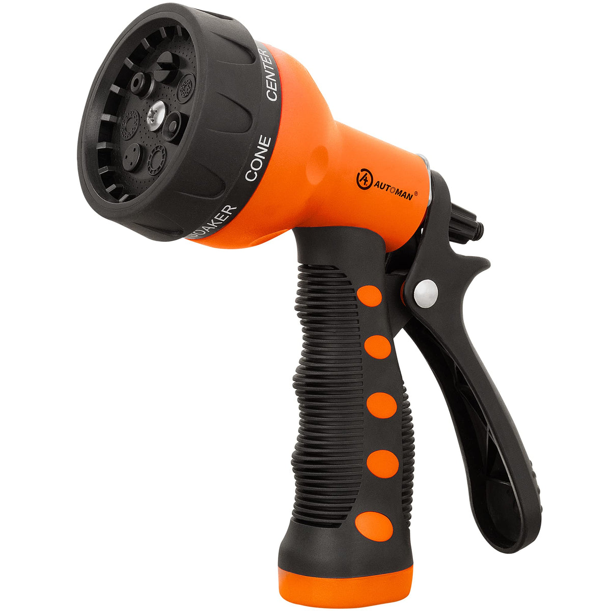 AUTOMAN Garden Hose Nozzle front view with orange finish