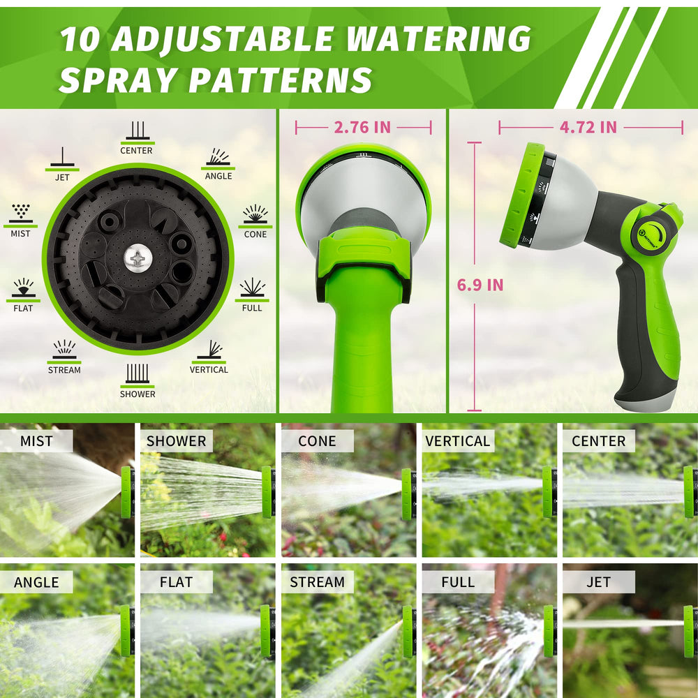 AUTOMAN garden hose nozzle showing 10 adjustable spray patterns