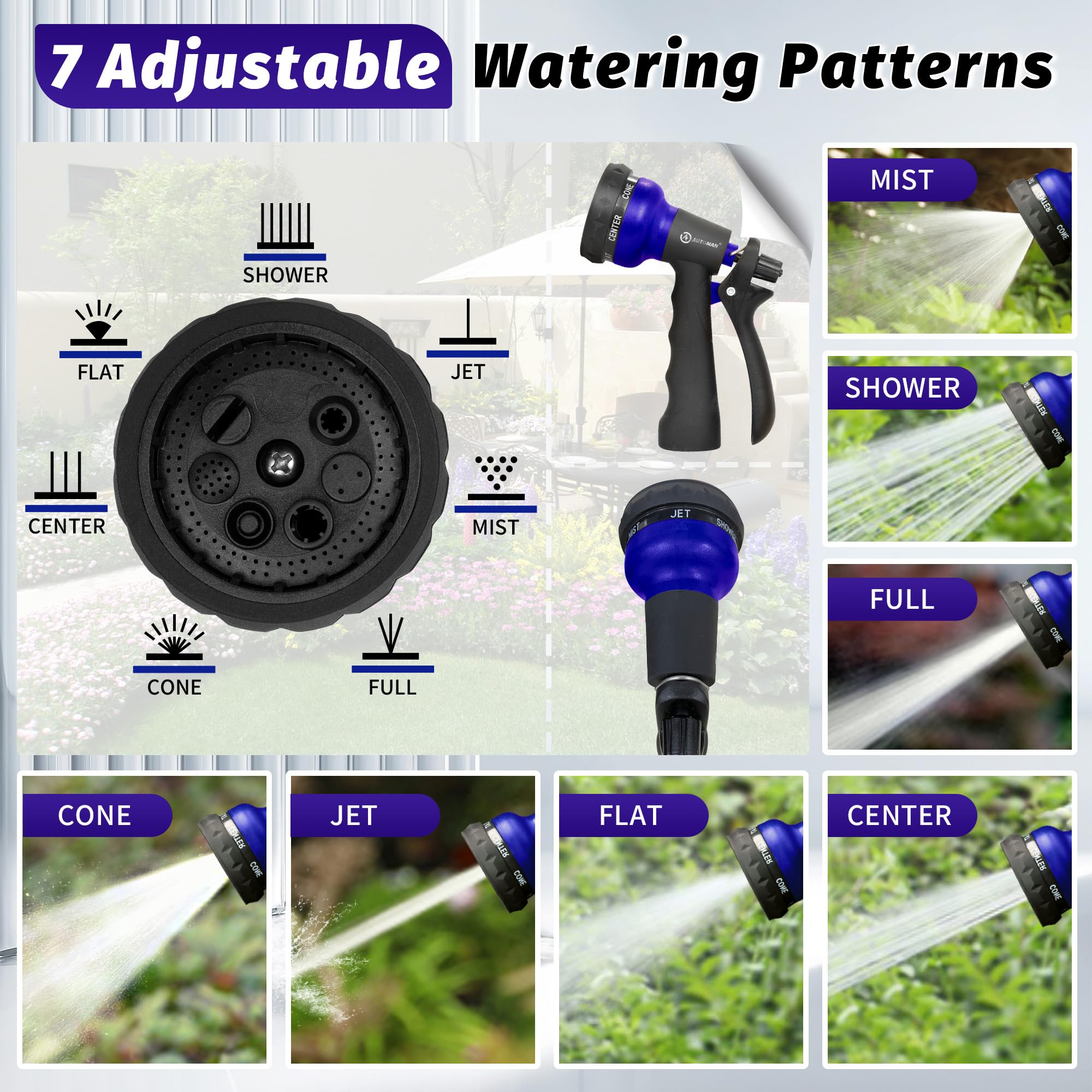 AUTOMAN Garden Hose Nozzle showing 7 adjustable watering patterns