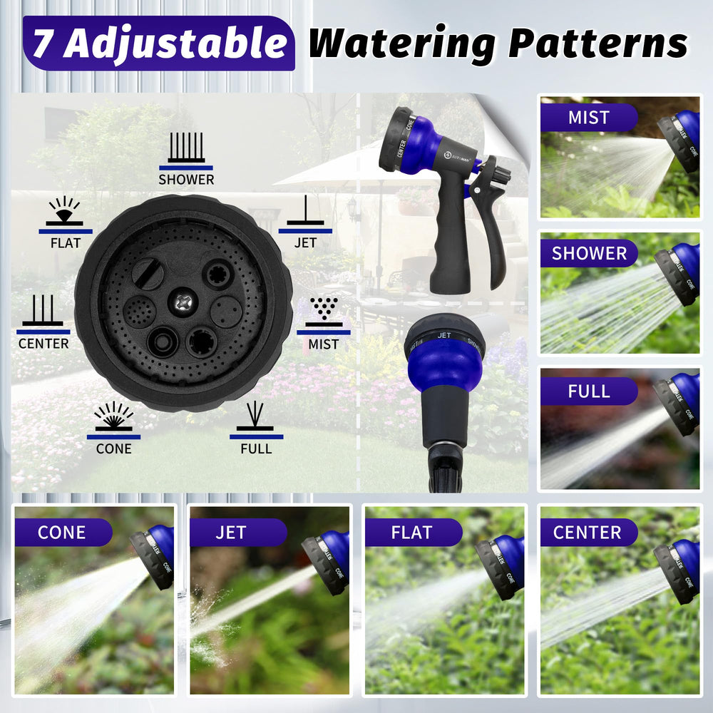 AUTOMAN Garden Hose Nozzle showing 7 adjustable watering patterns