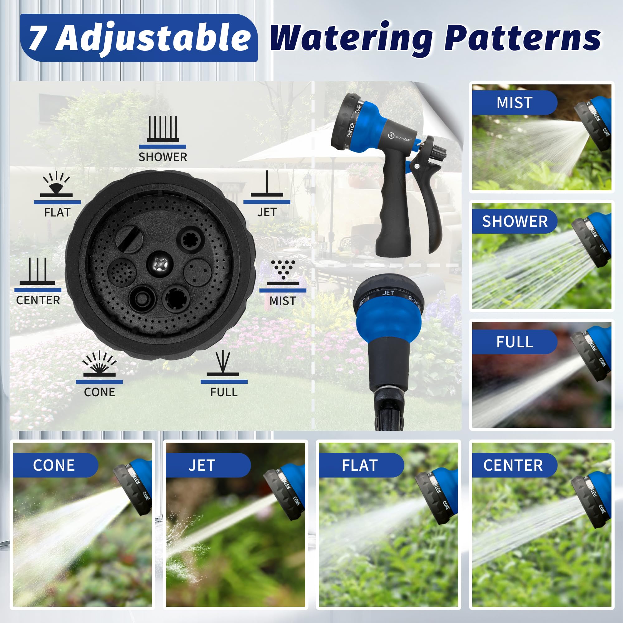 AUTOMAN Garden Hose Nozzle showing adjustable spray pattern
