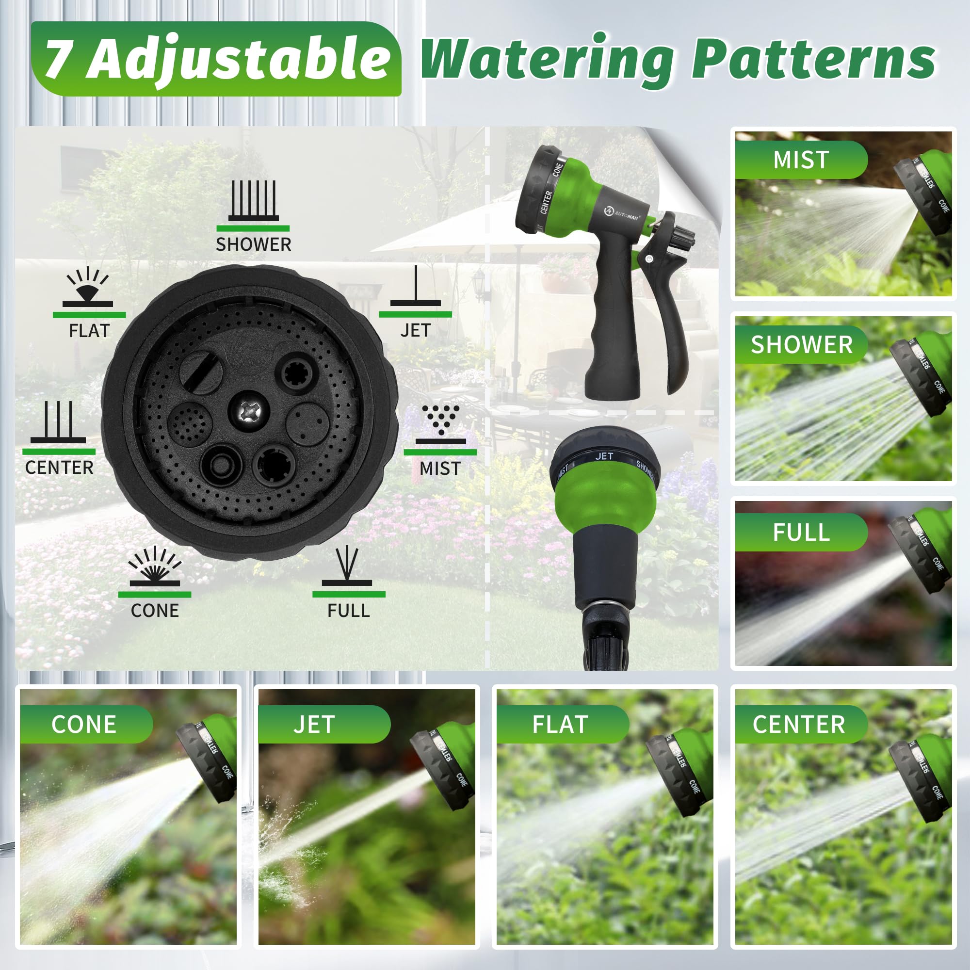 AUTOMAN Garden Hose Nozzle showing adjustable watering patterns
