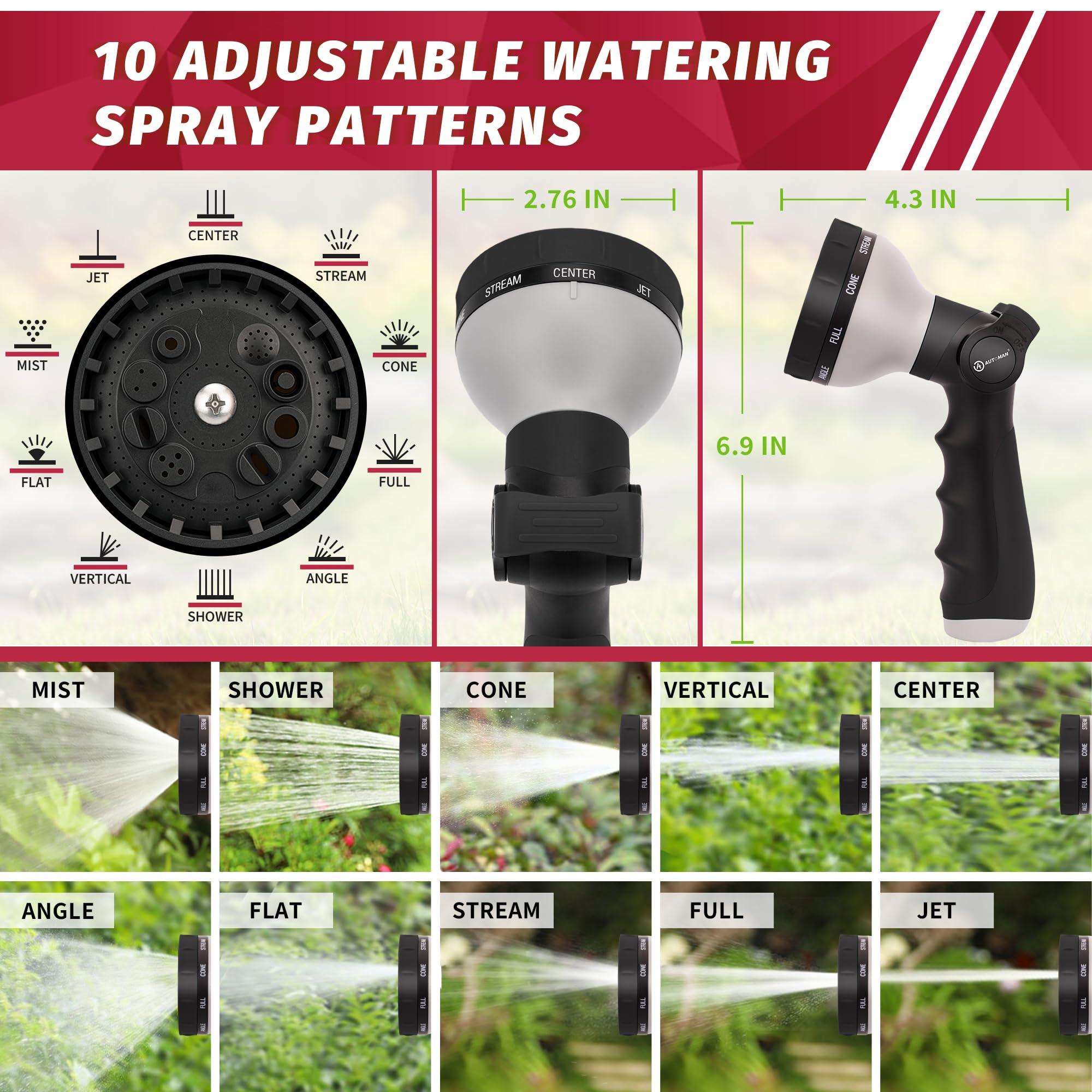AUTOMAN Garden Hose Nozzle showing high-pressure spray