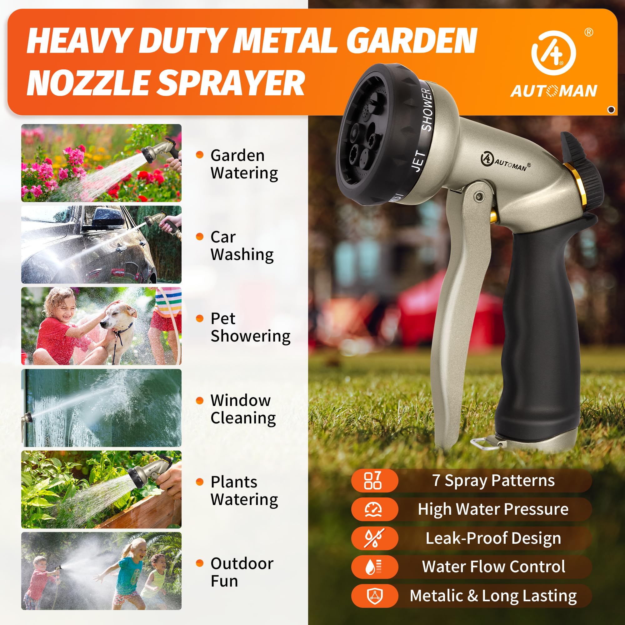 AUTOMAN Garden Hose Nozzle showing leak-proof design