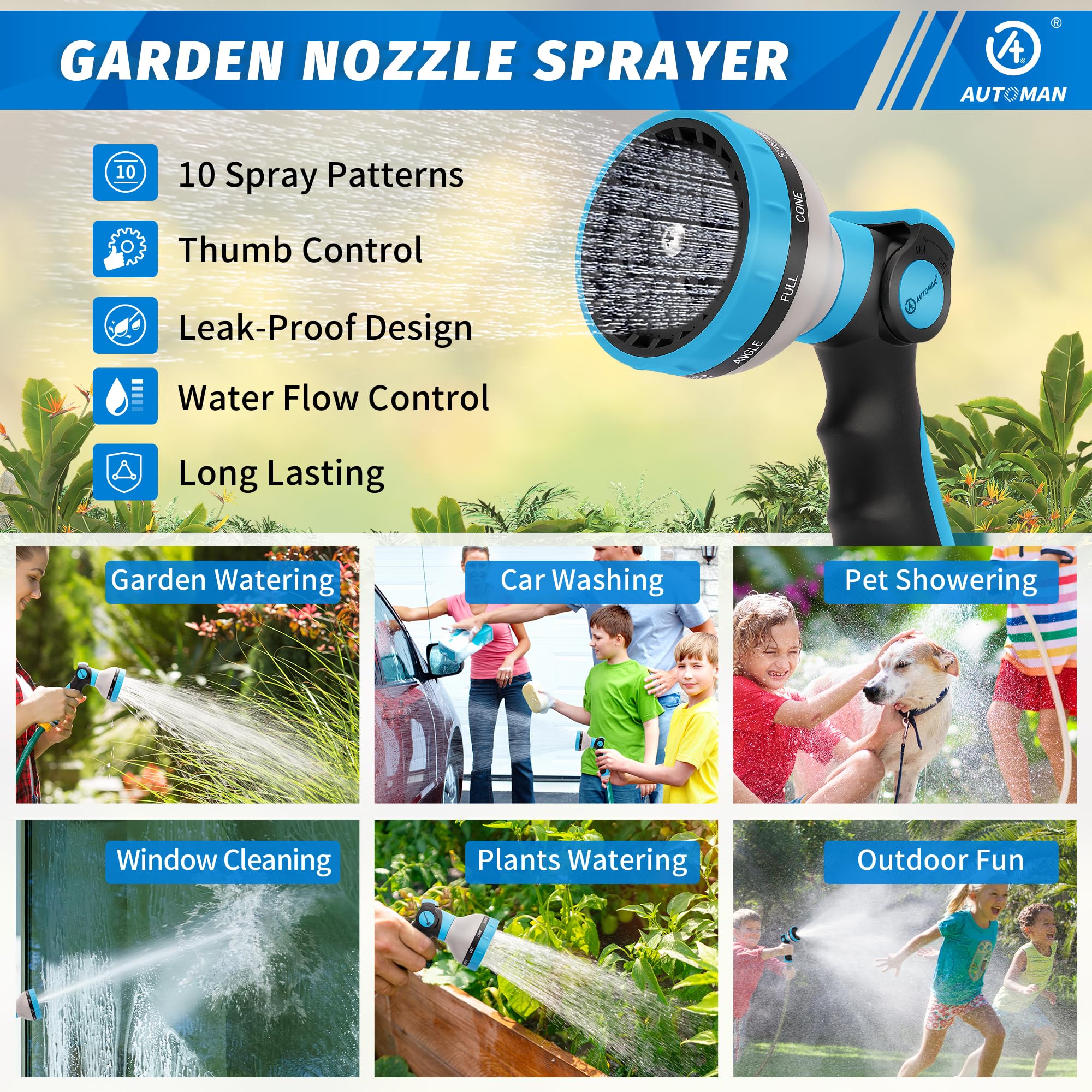 AUTOMAN Garden Hose Nozzle showing thumb control mechanism