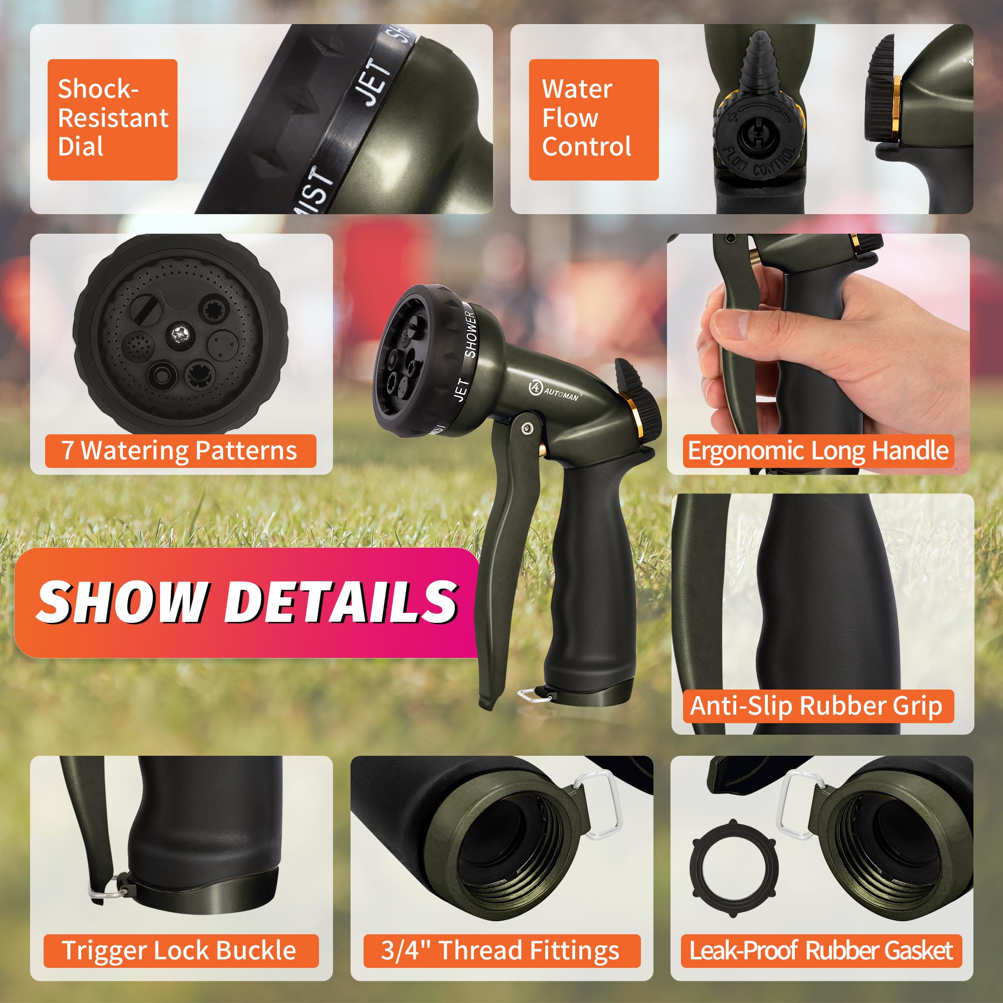 AUTOMAN Garden Hose Nozzle side view showcasing the rubberized bezel