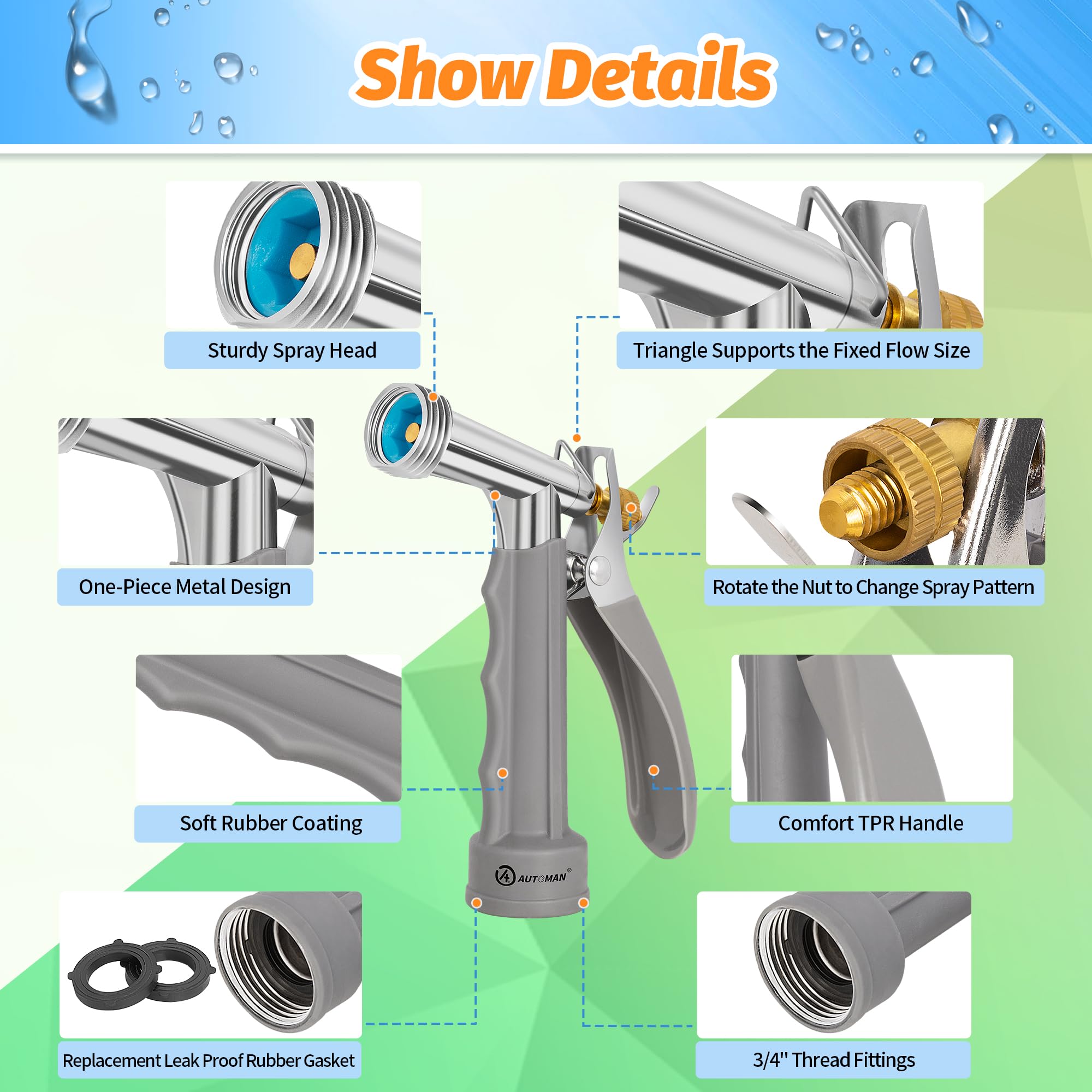 AUTOMAN Garden Hose Nozzle side view showing ergonomic design