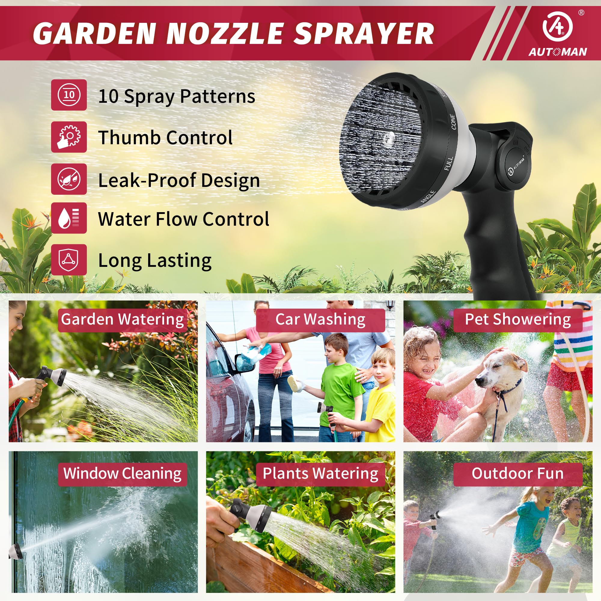 AUTOMAN Garden Hose Nozzle side view showing thumb control
