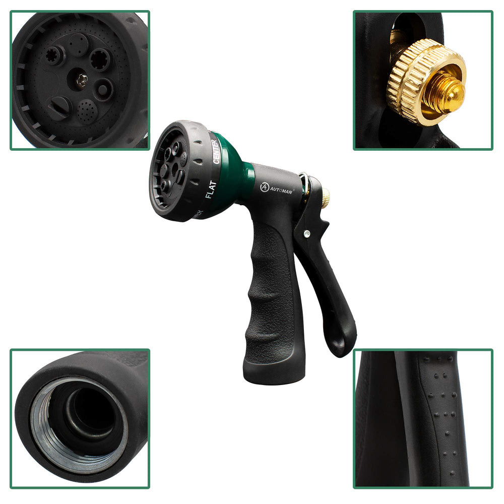 AUTOMAN Garden Hose Nozzle side view with spray patterns