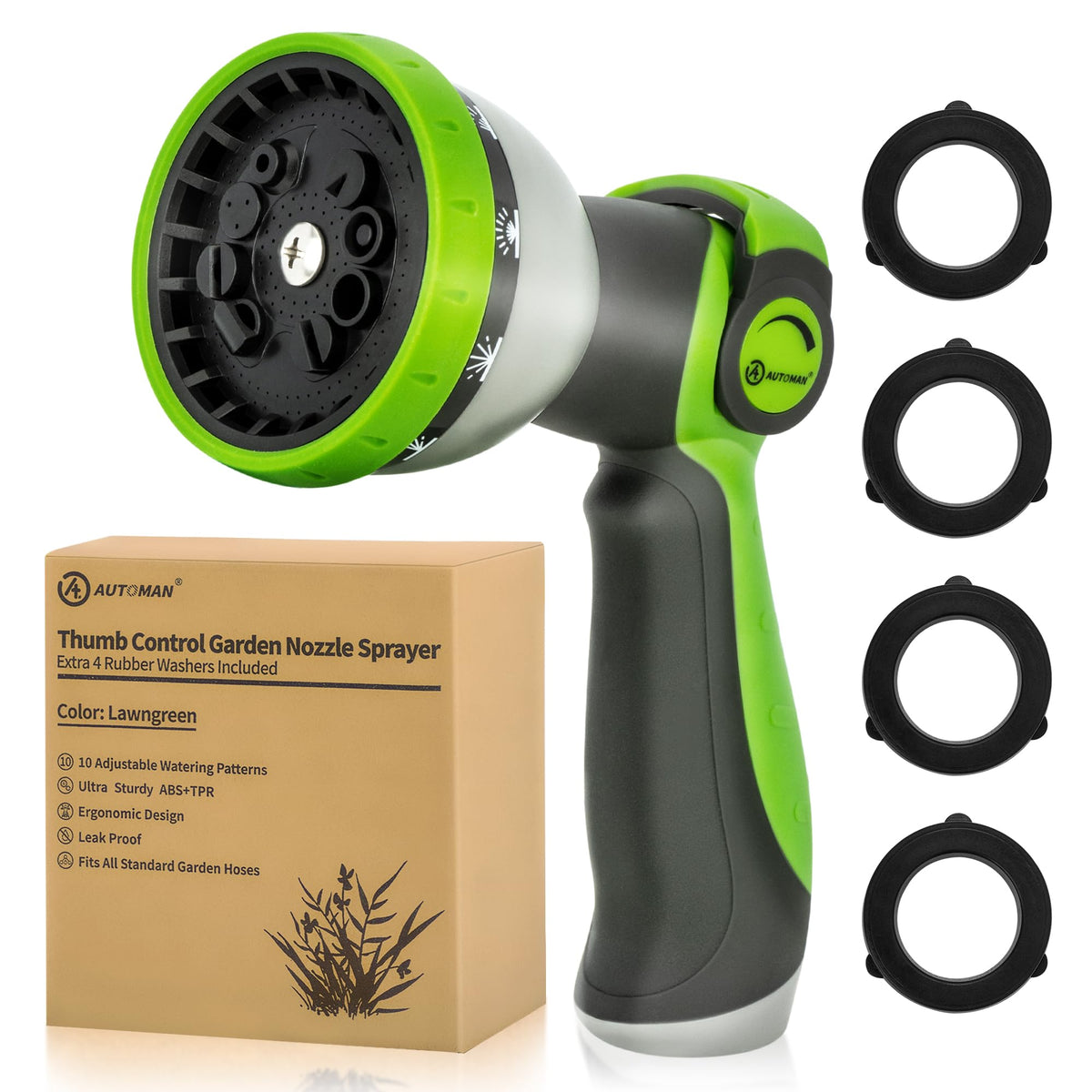 AUTOMAN garden hose nozzle sprayer front view in lawngreen