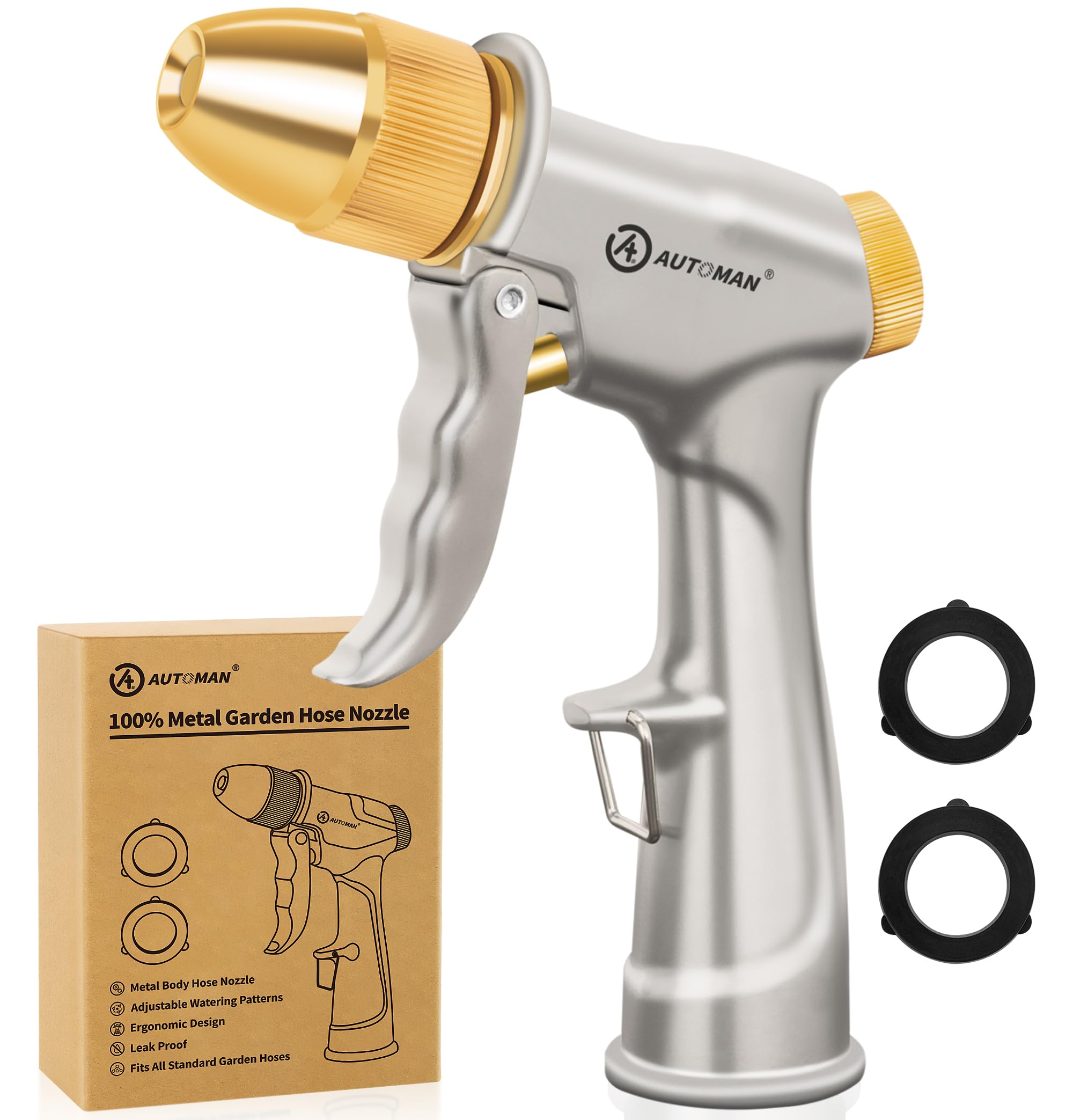 AUTOMAN Garden Hose Nozzle Sprayer front view with metal construction